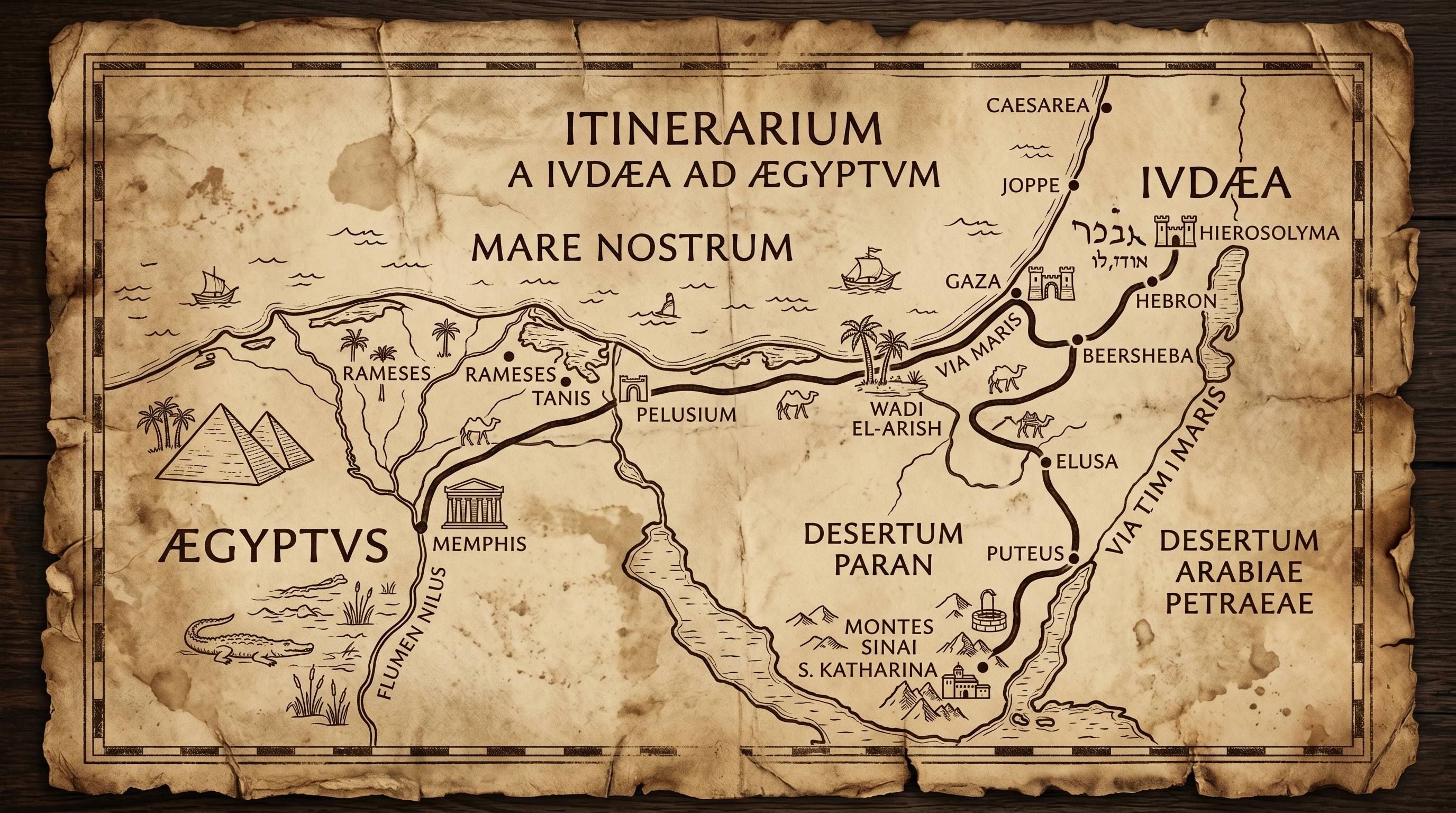 Ancient map showing route from Israel to Egypt