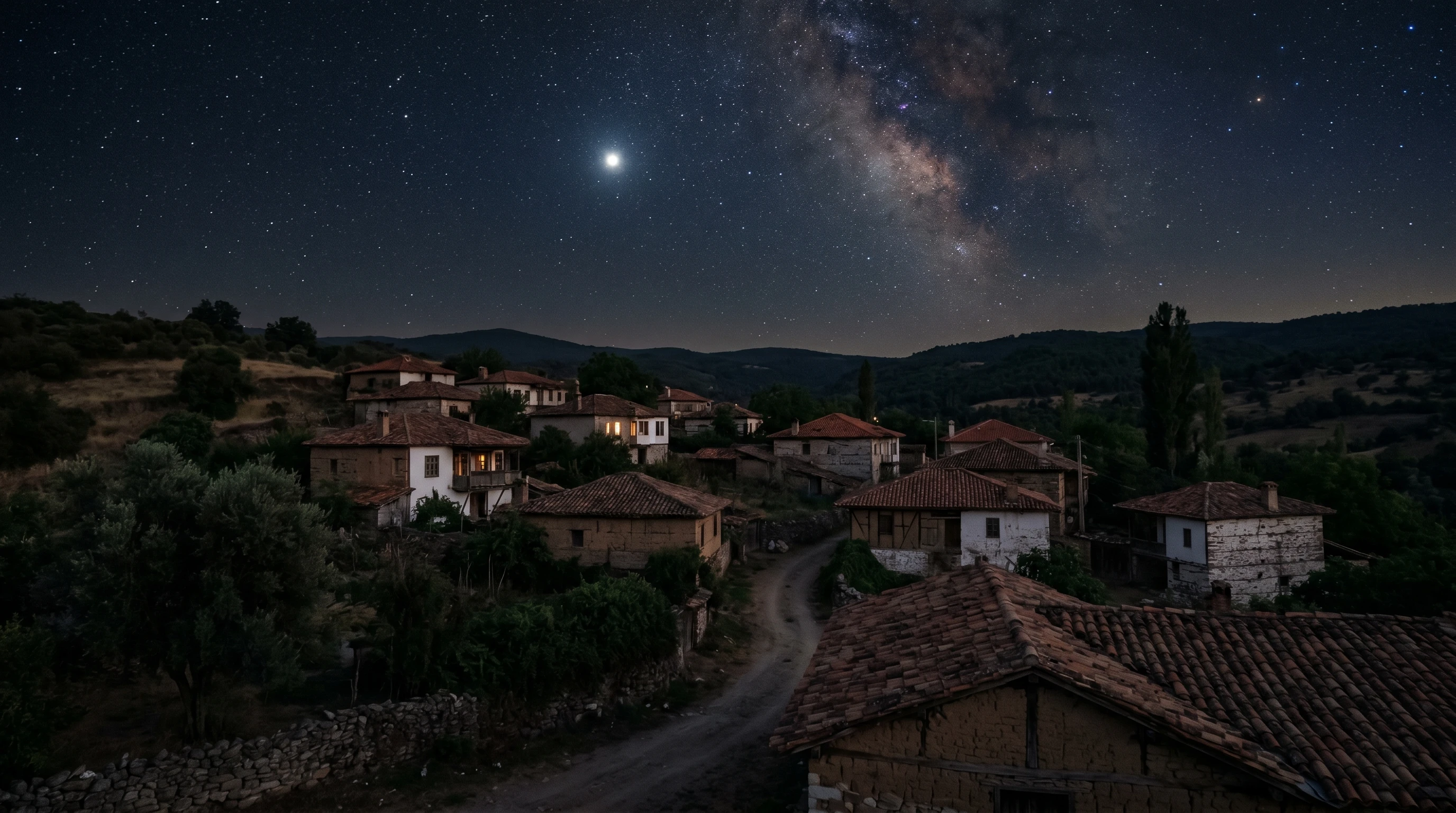 Night sky with star above a village