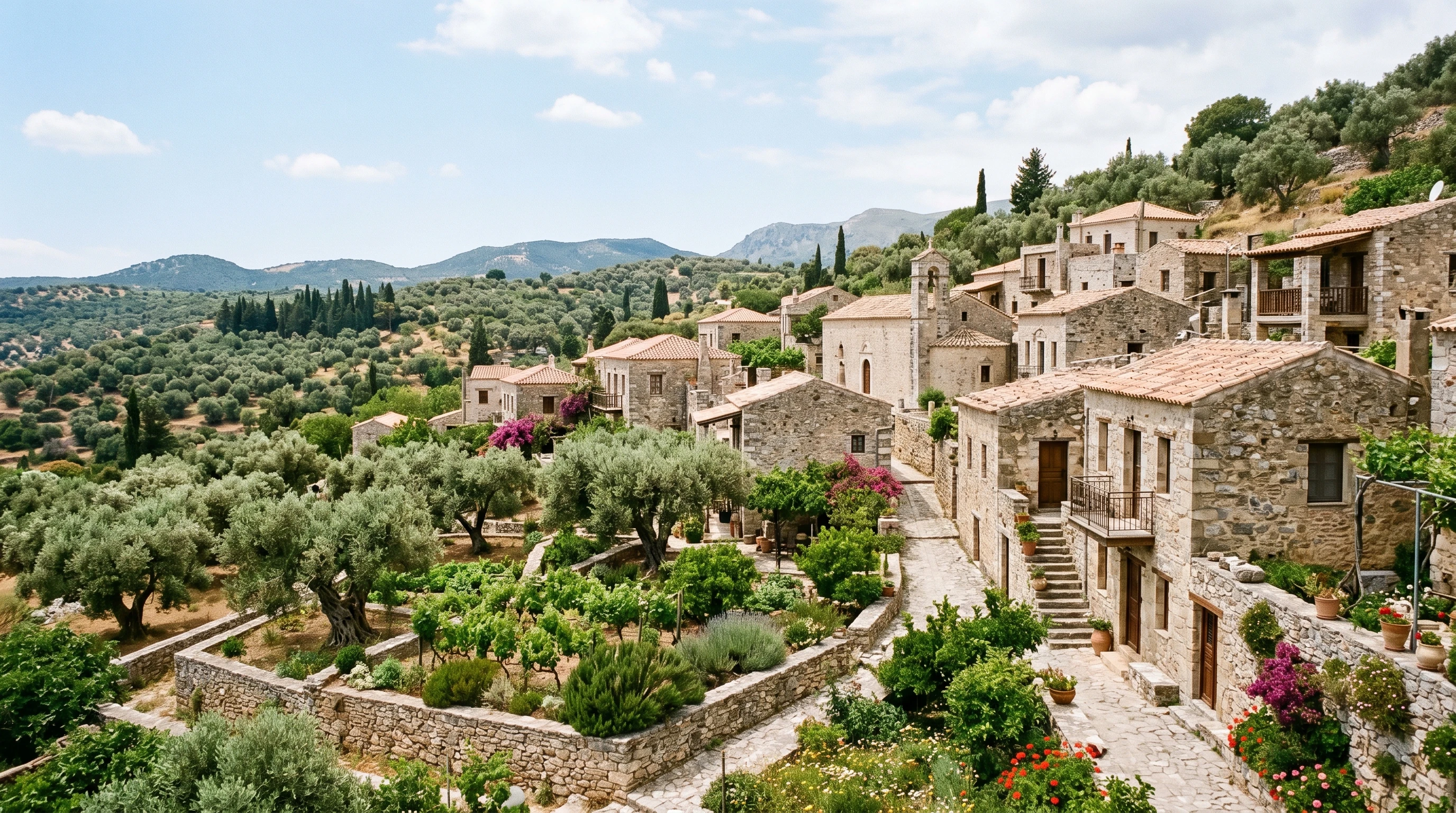 Village life in ancient times with olive trees and simple stone houses