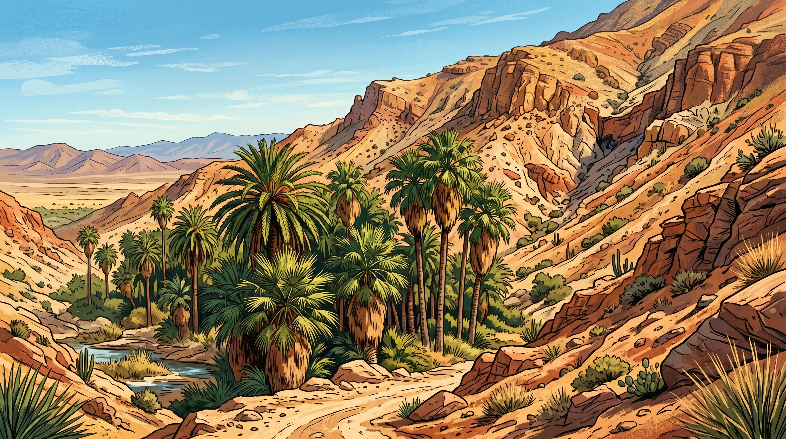 Desert journey with palm trees and distant hillside