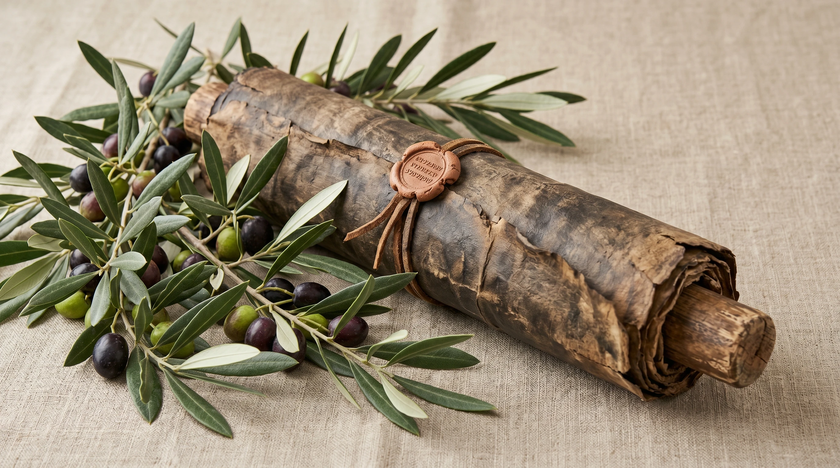 Ancient scroll resting among olive branches