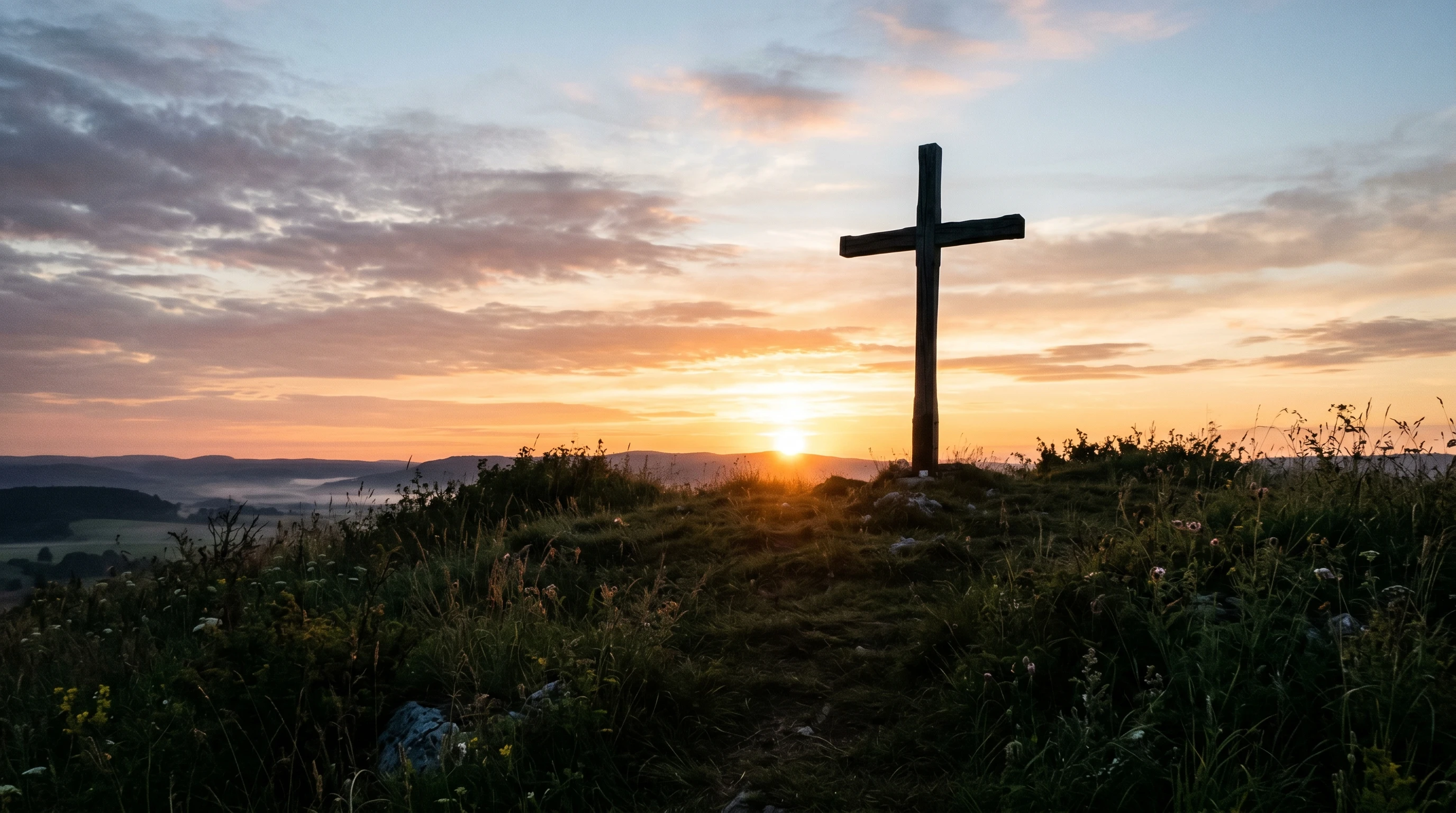 Cross silhouetted on a hill at sunrise