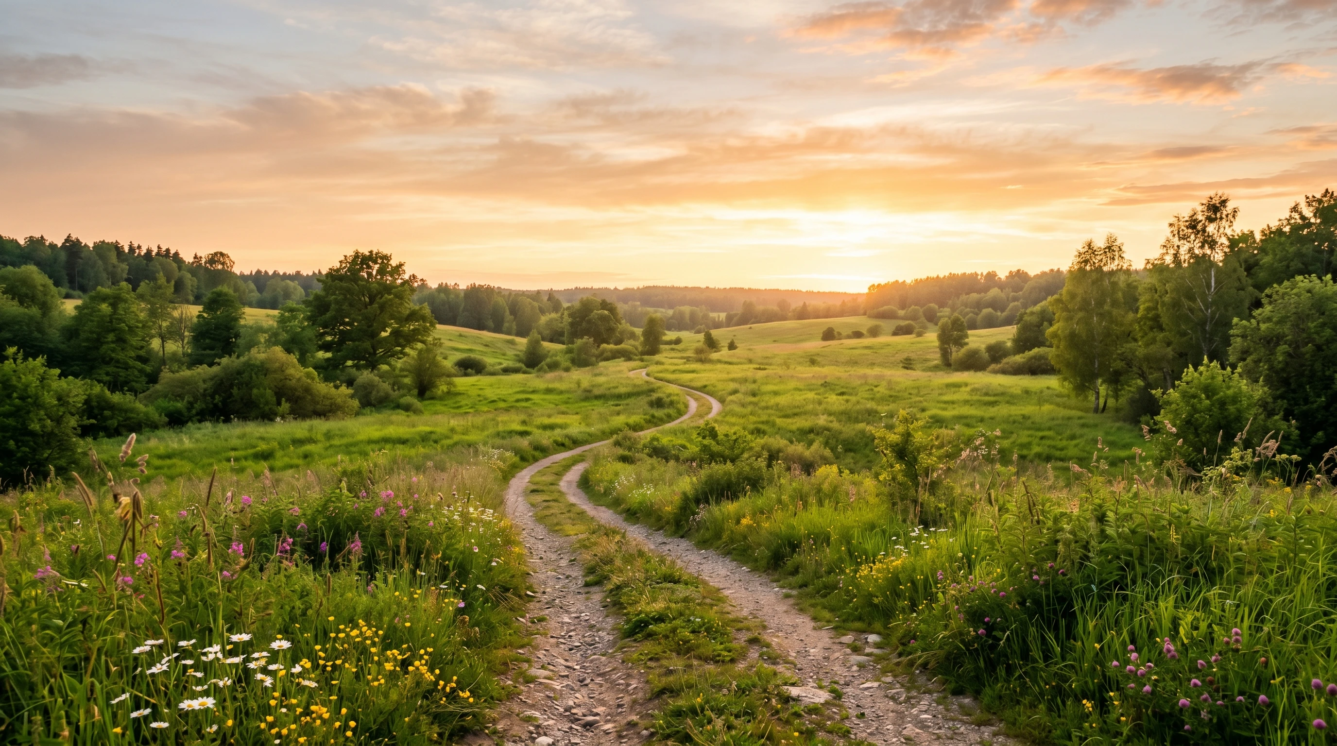 Path winding through a green meadow towards a glowing horizon