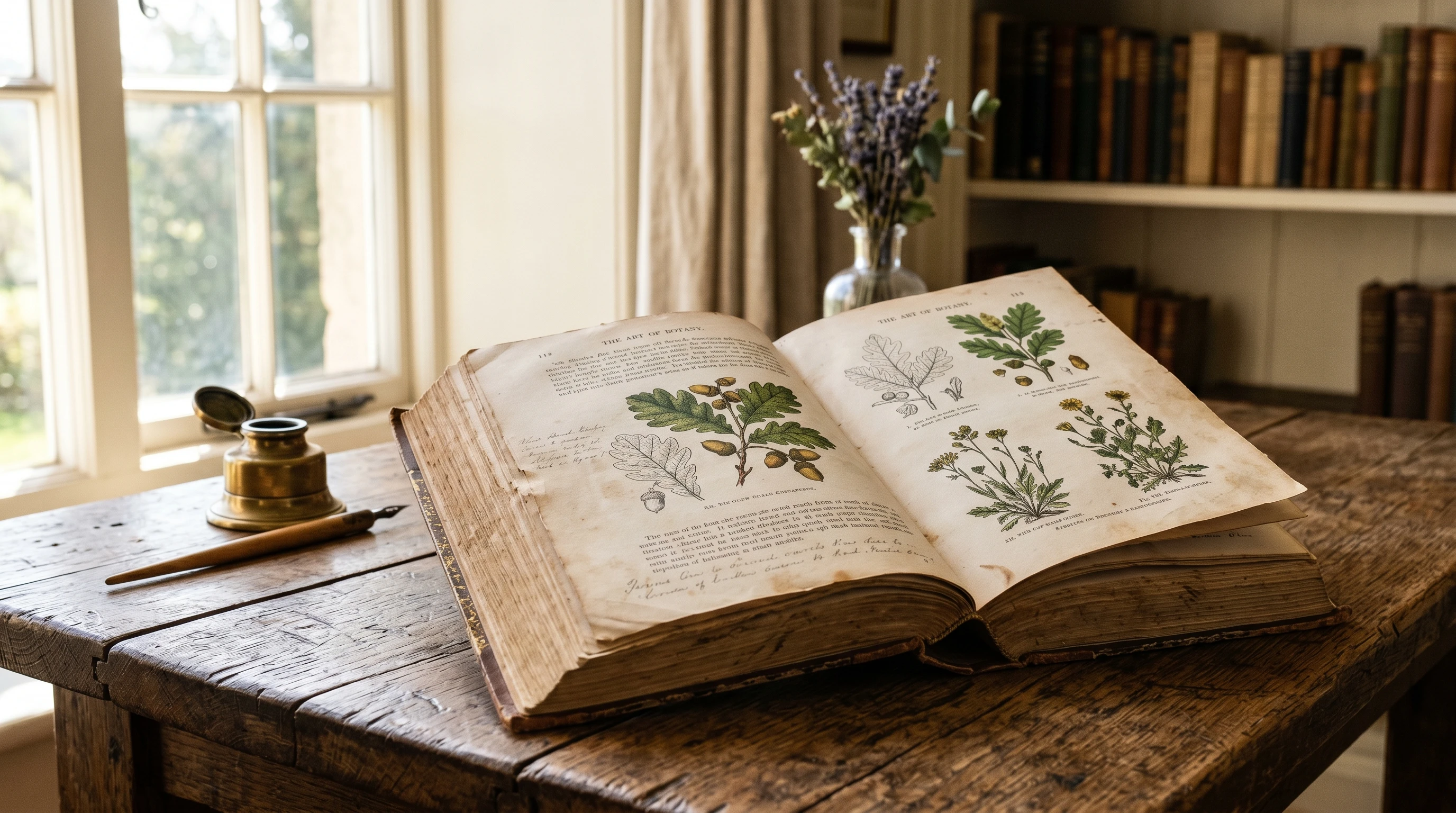 Open book on a rustic table with sunlight streaming in