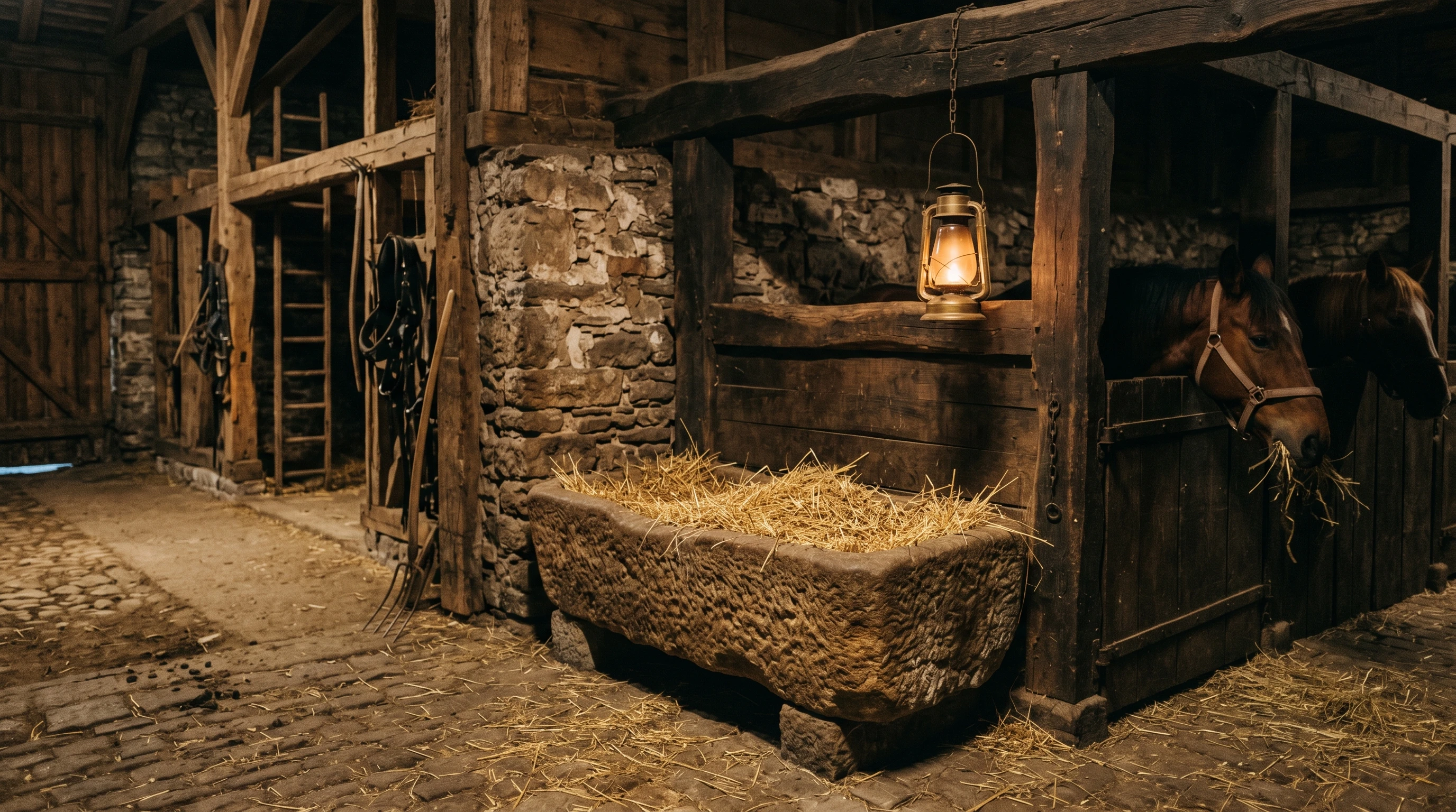 Rustic stone manger with straw