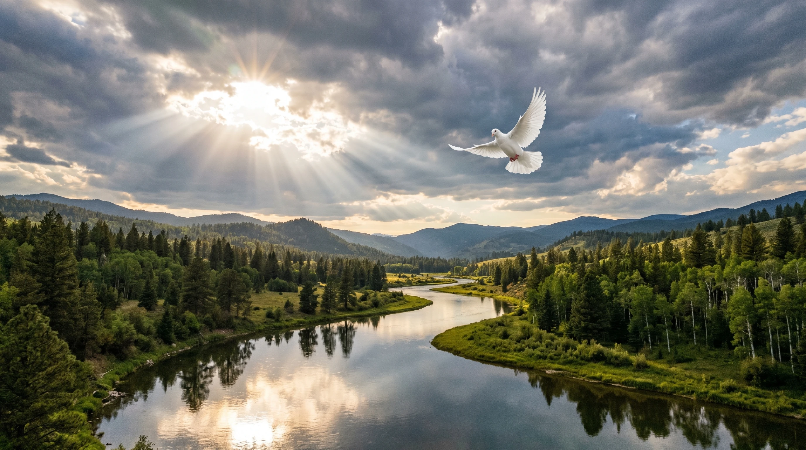 Sky above a river with a white dove in flight, sunbeams piercing clouds