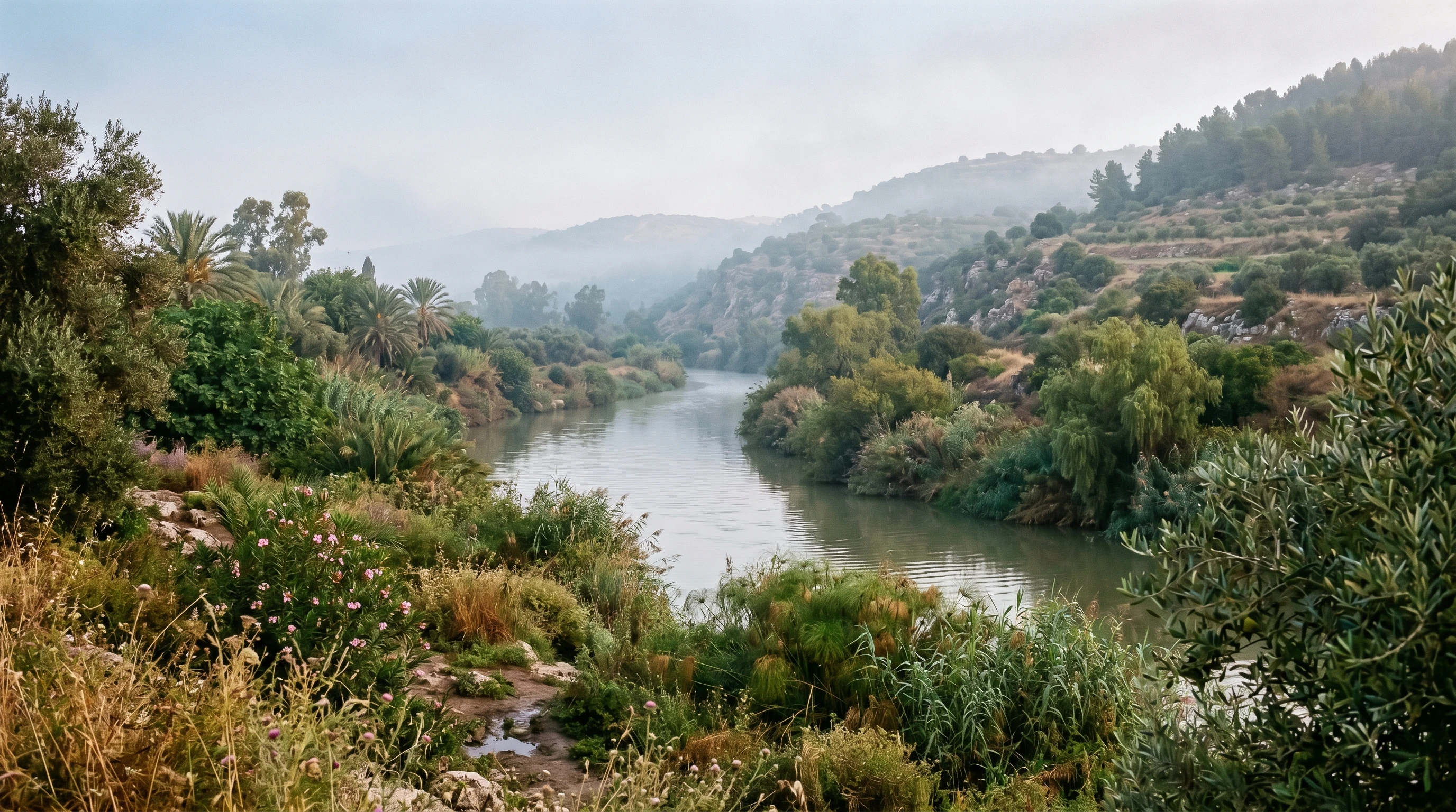 View of the Jordan River surrounded by wild plants and trees