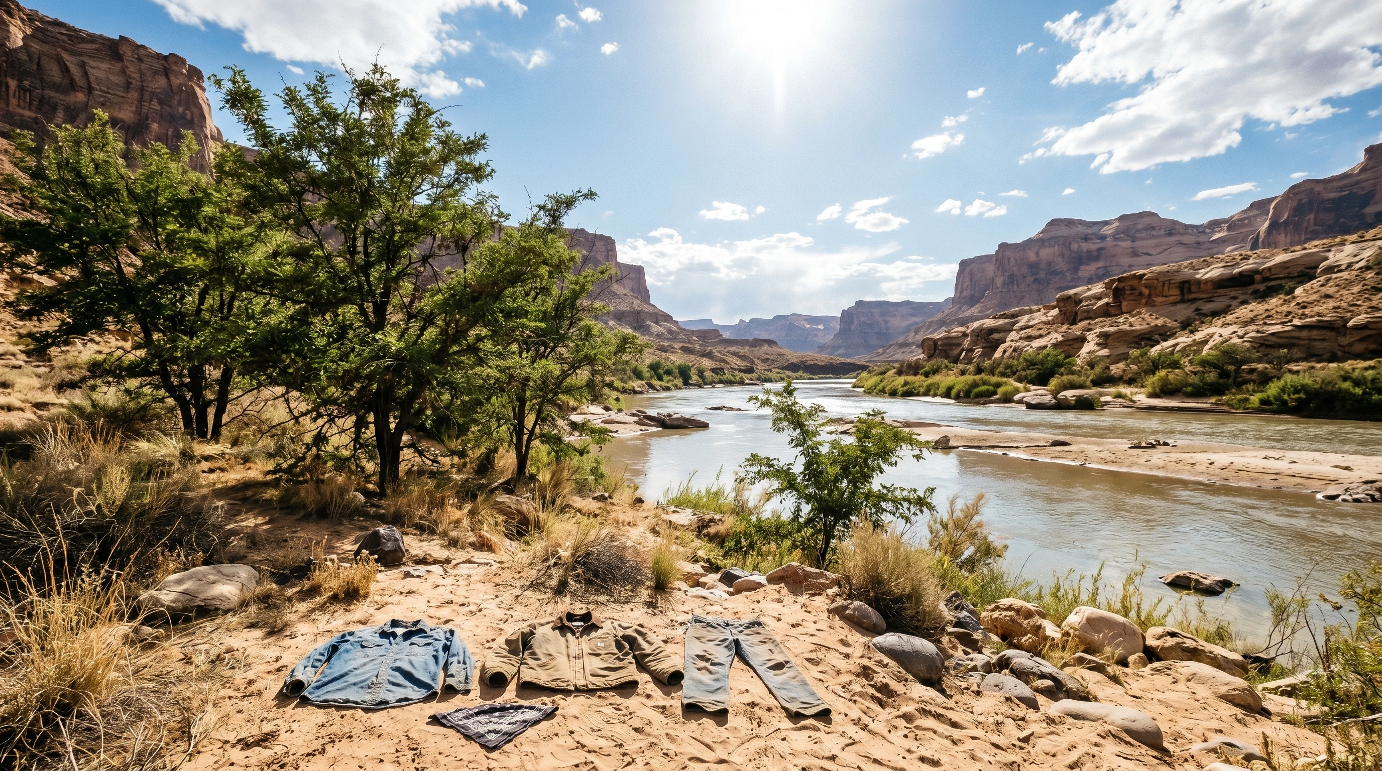 Desert scene with wild locust trees and rough clothing lying by the river
