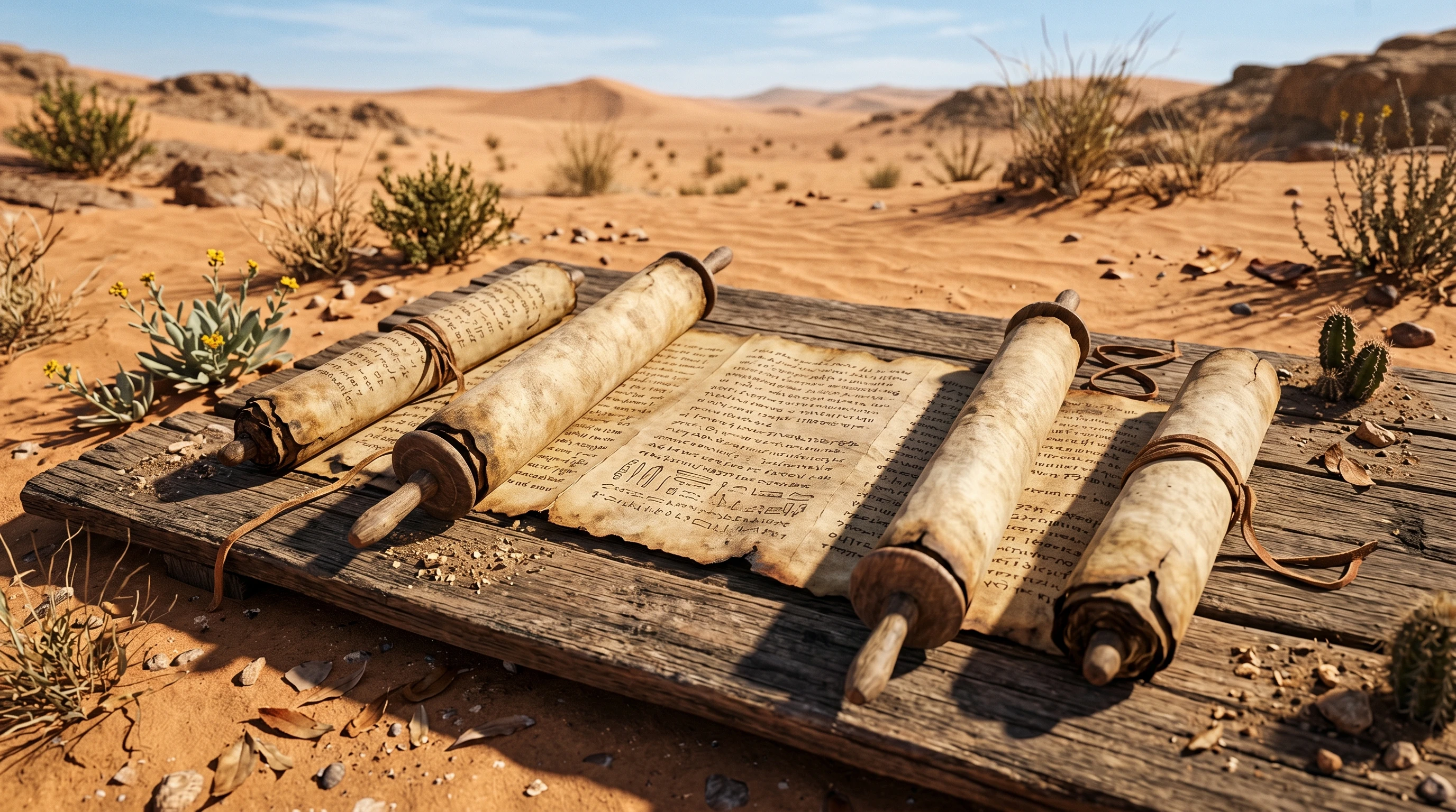 Open ancient scrolls on a wooden table