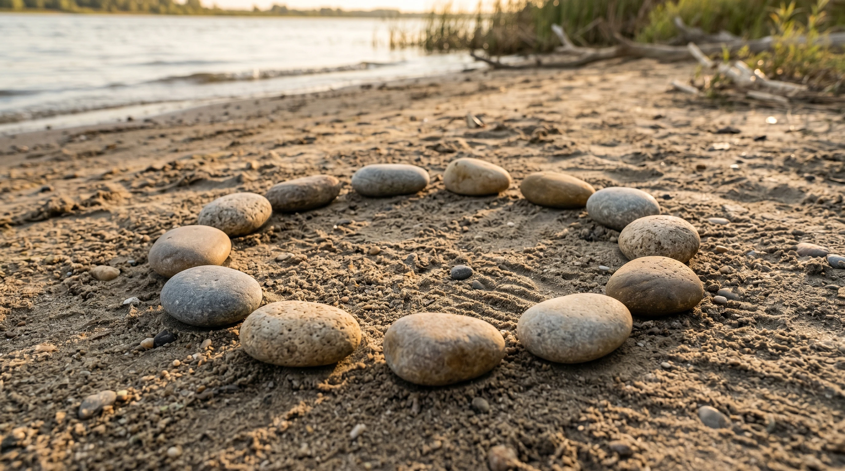Twelve stones arranged in a circle on sandy ground