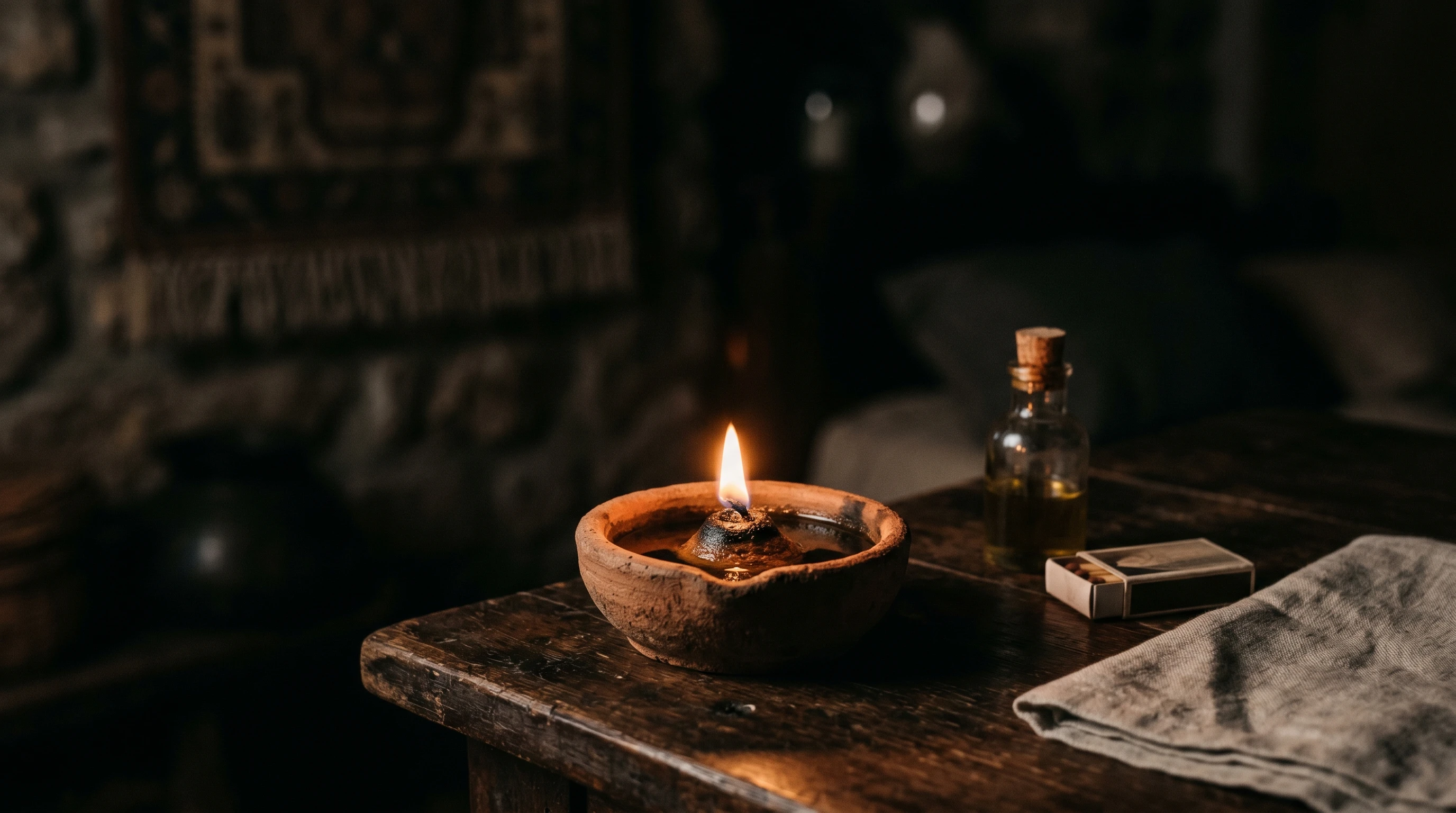 Simple clay lamp burning on a table, symbolizing guidance and learning