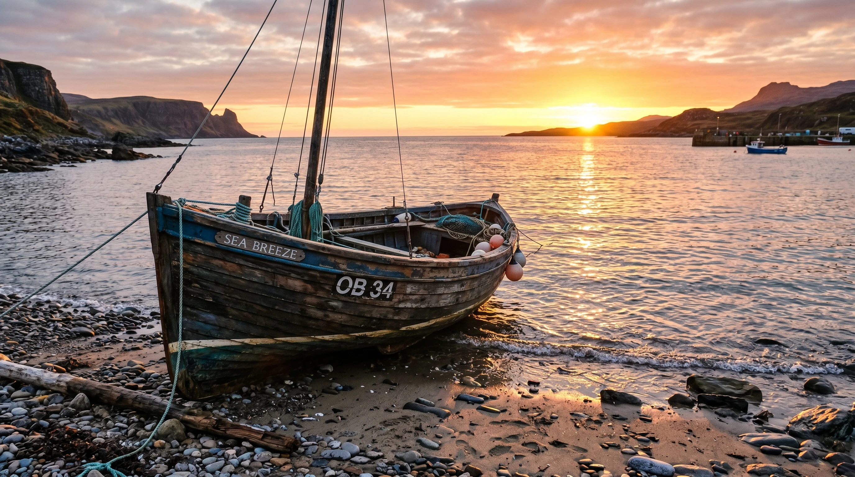 Simple wooden fishing boat at sunrise, peaceful and inviting