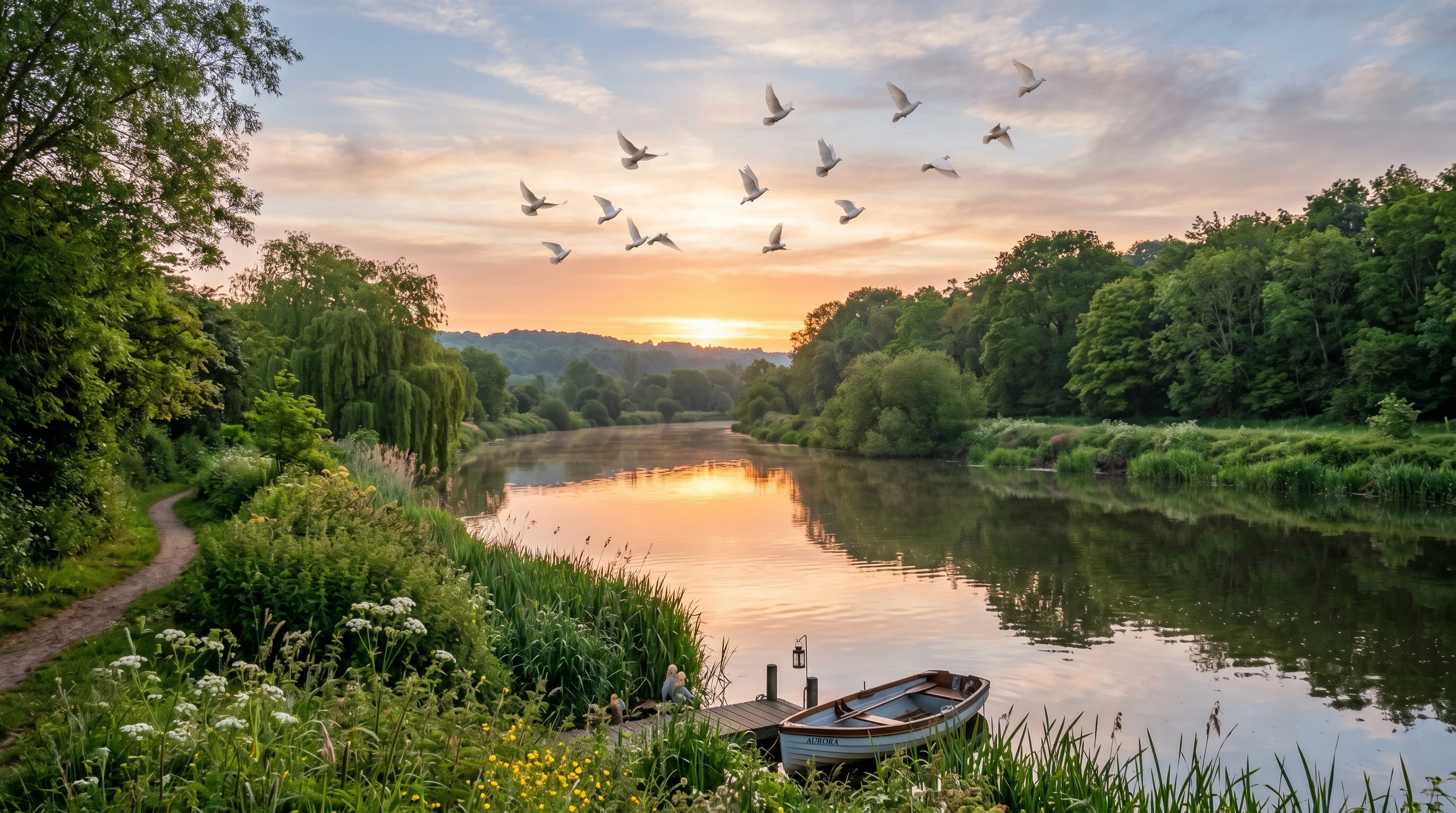 Riverbank with open sky and doves