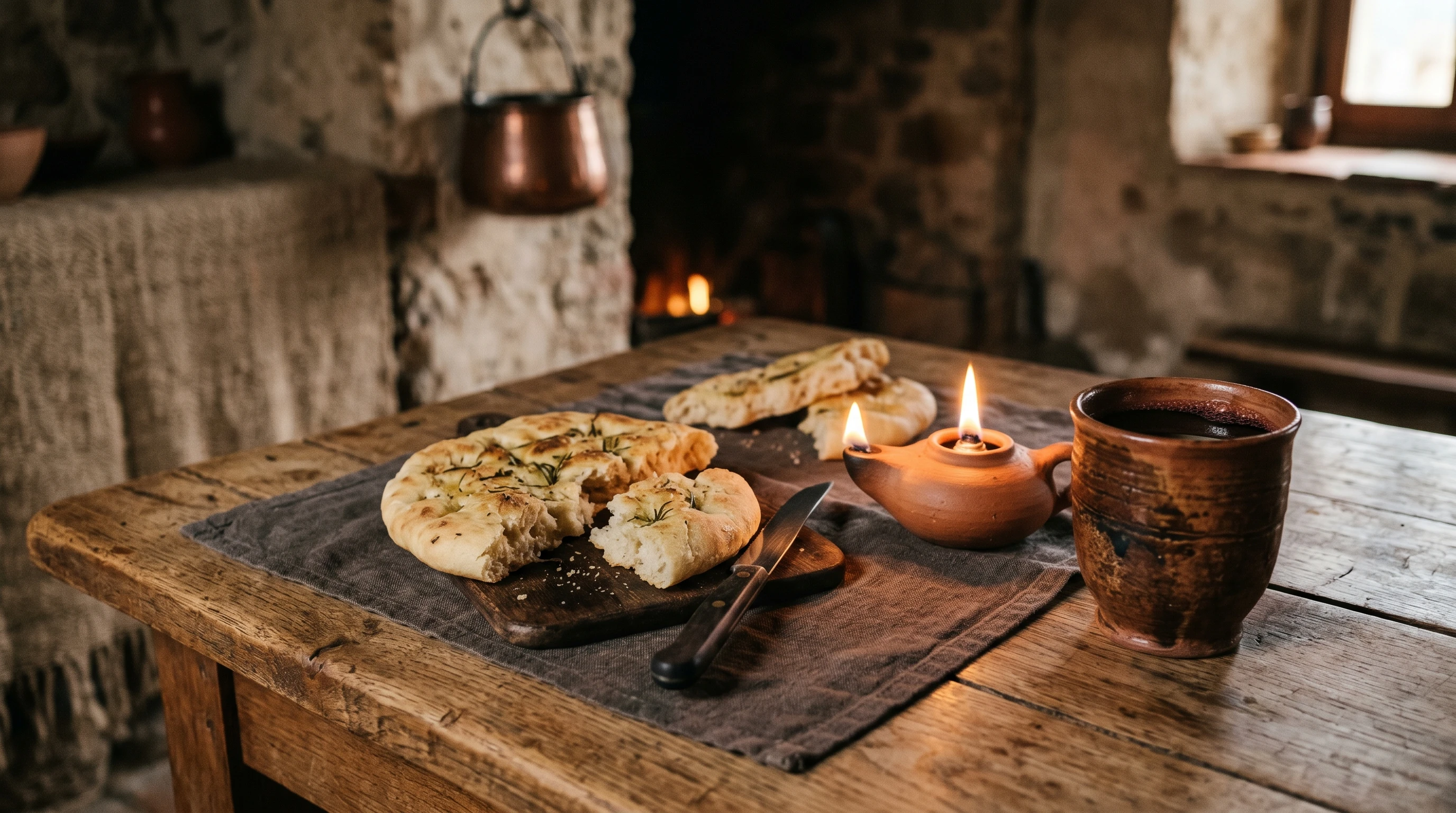 Table with bread and wine, candlelight