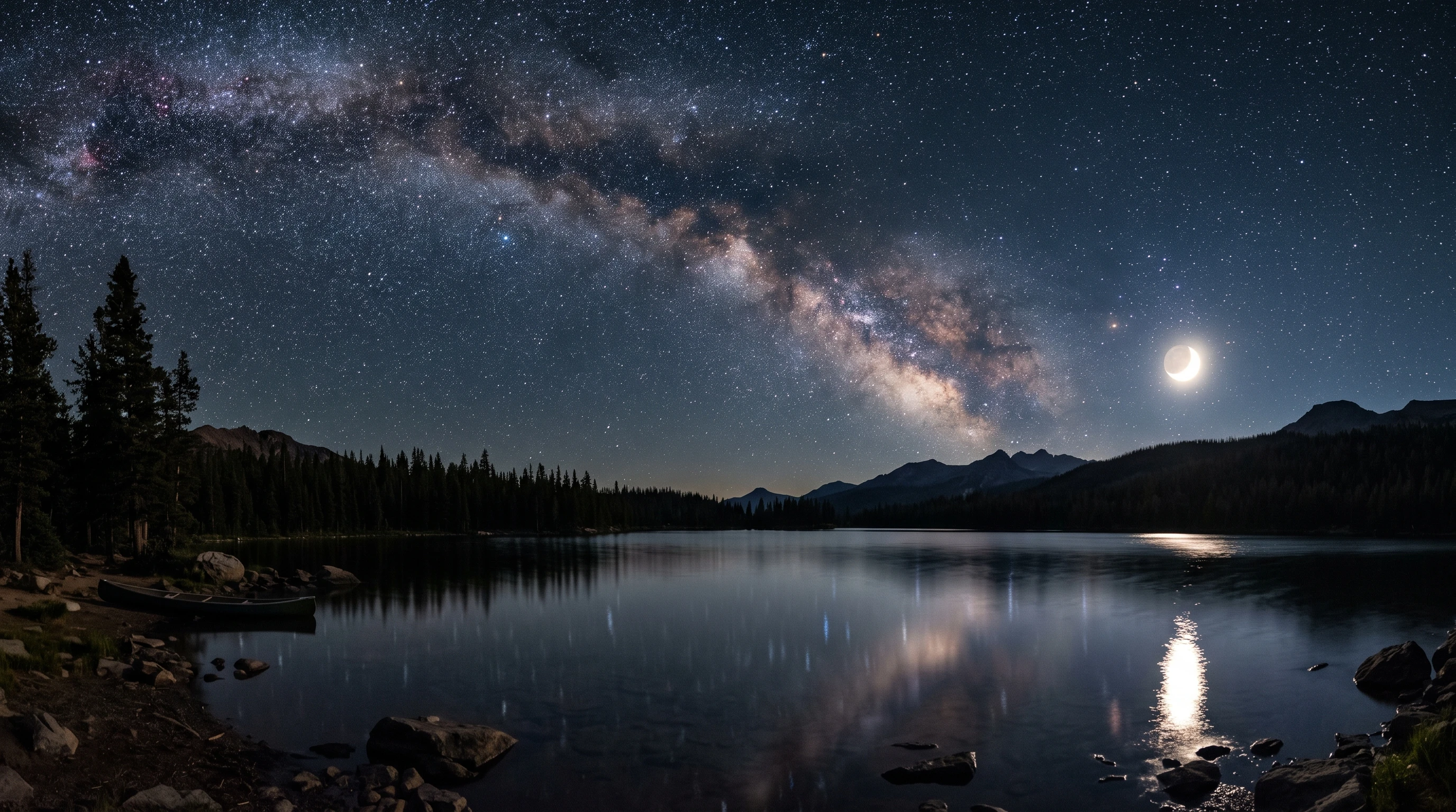 Star-filled night sky, moon reflection on water