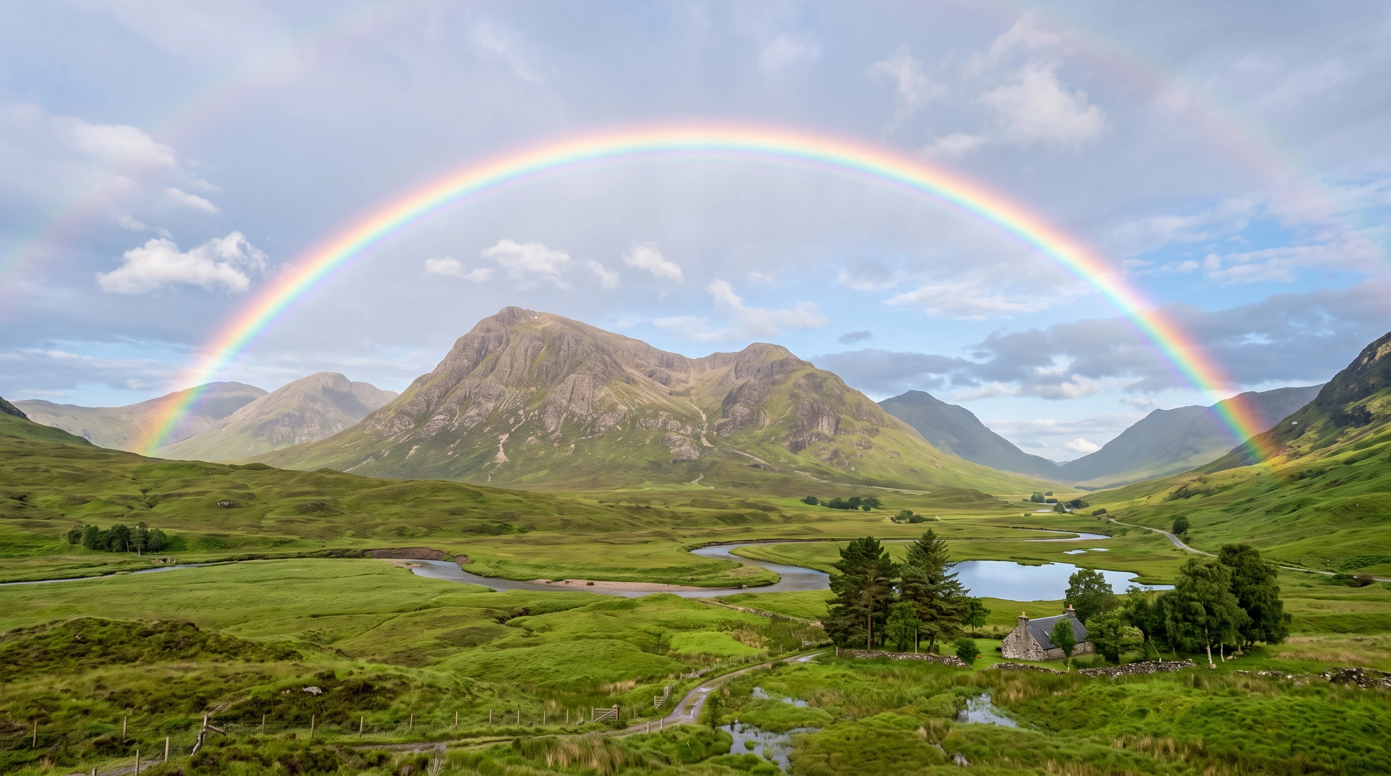 Rainbow arches above a calm landscape after the flood