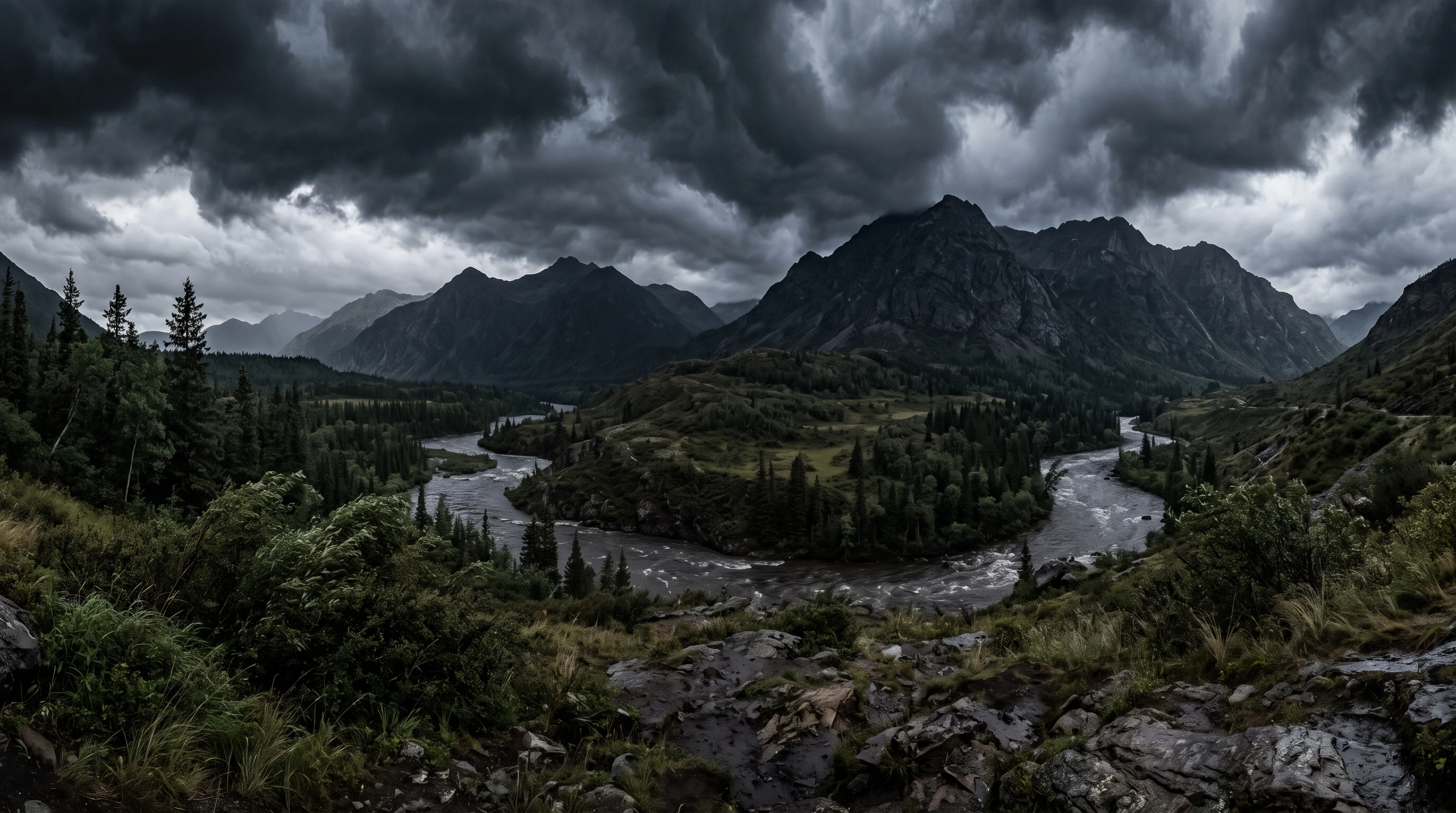 Dramatic pre-flood landscape with dark clouds and wild nature