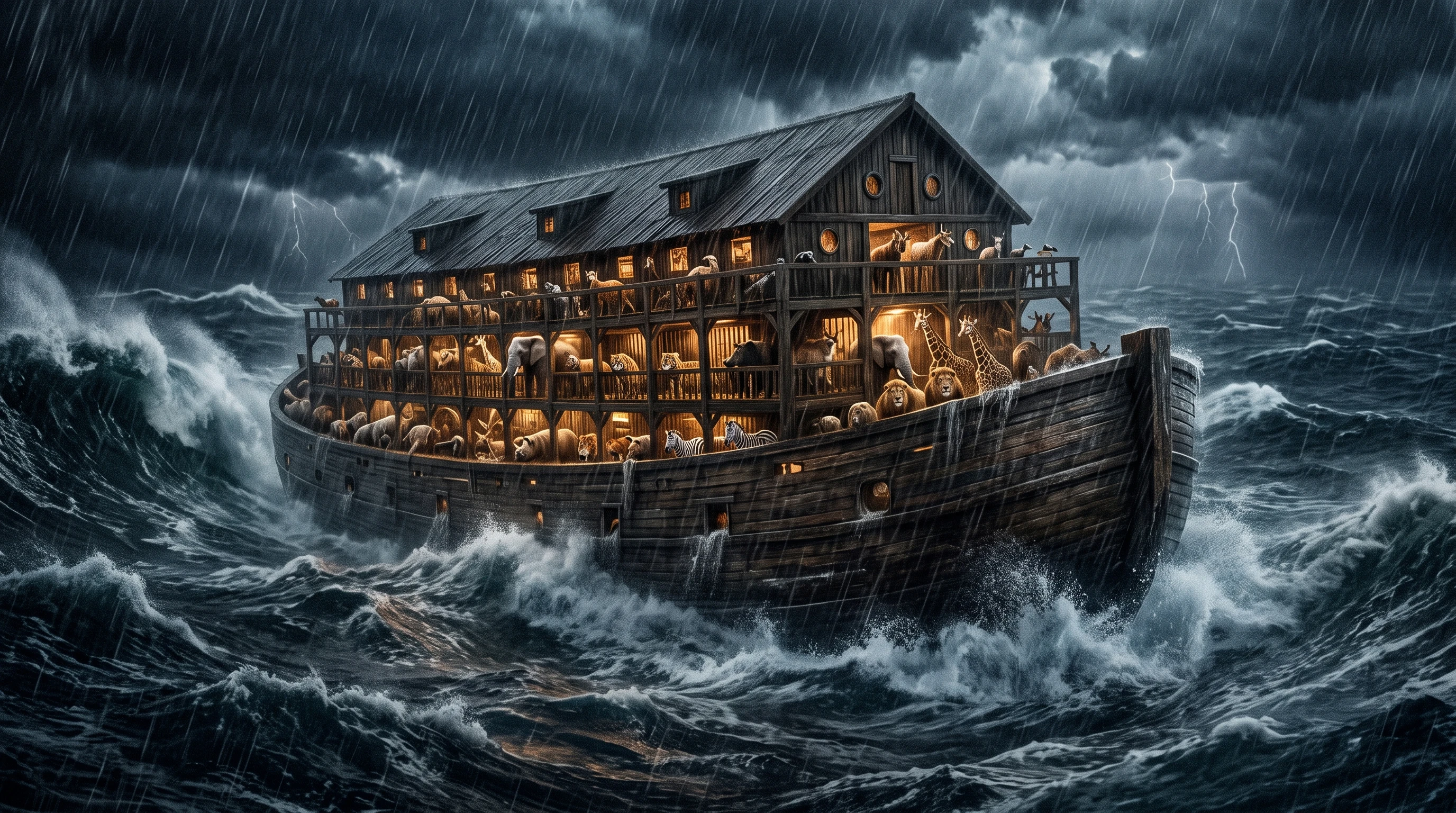 Heavy rain pours as waves surround a floating Ark at night