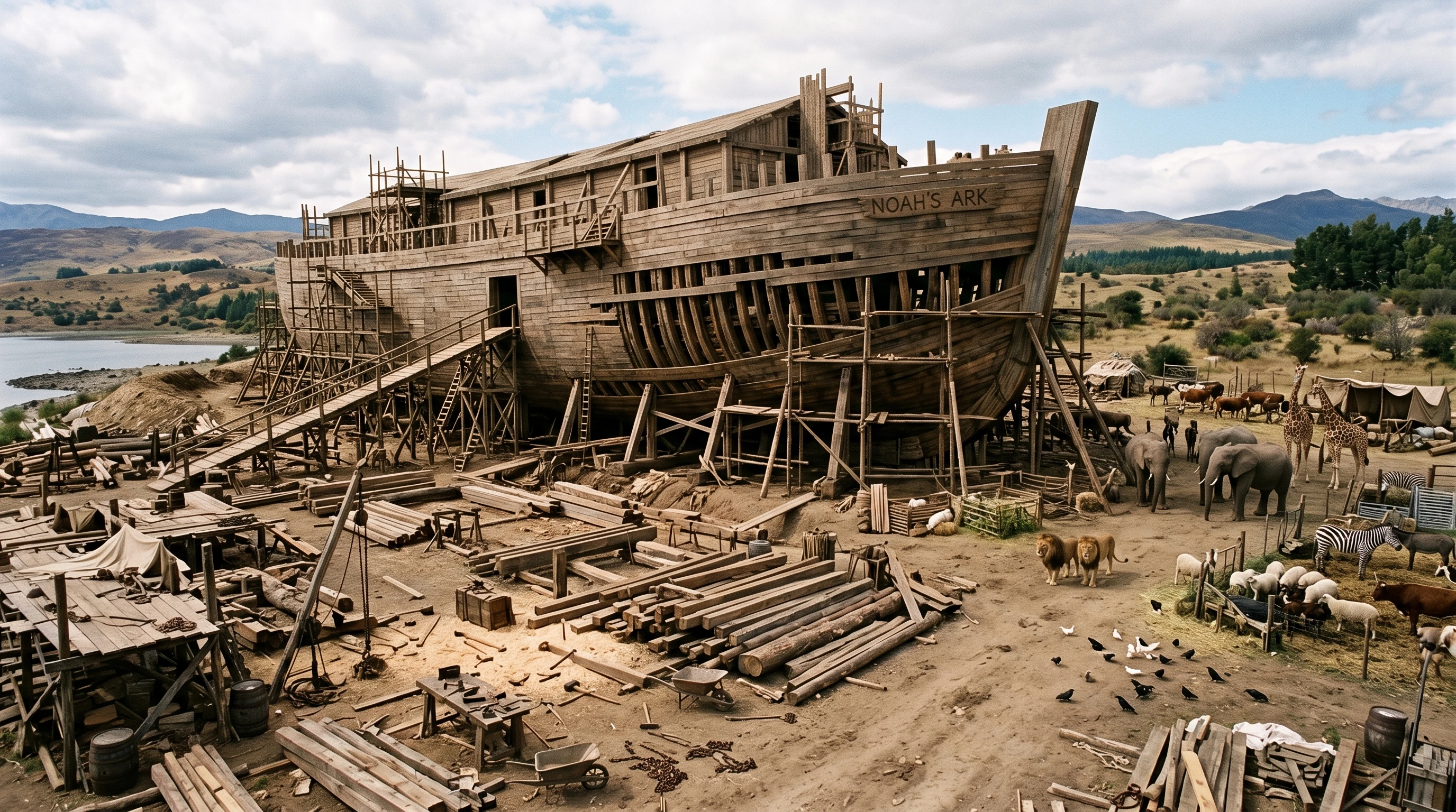 Wooden Ark under construction among tools and planks
