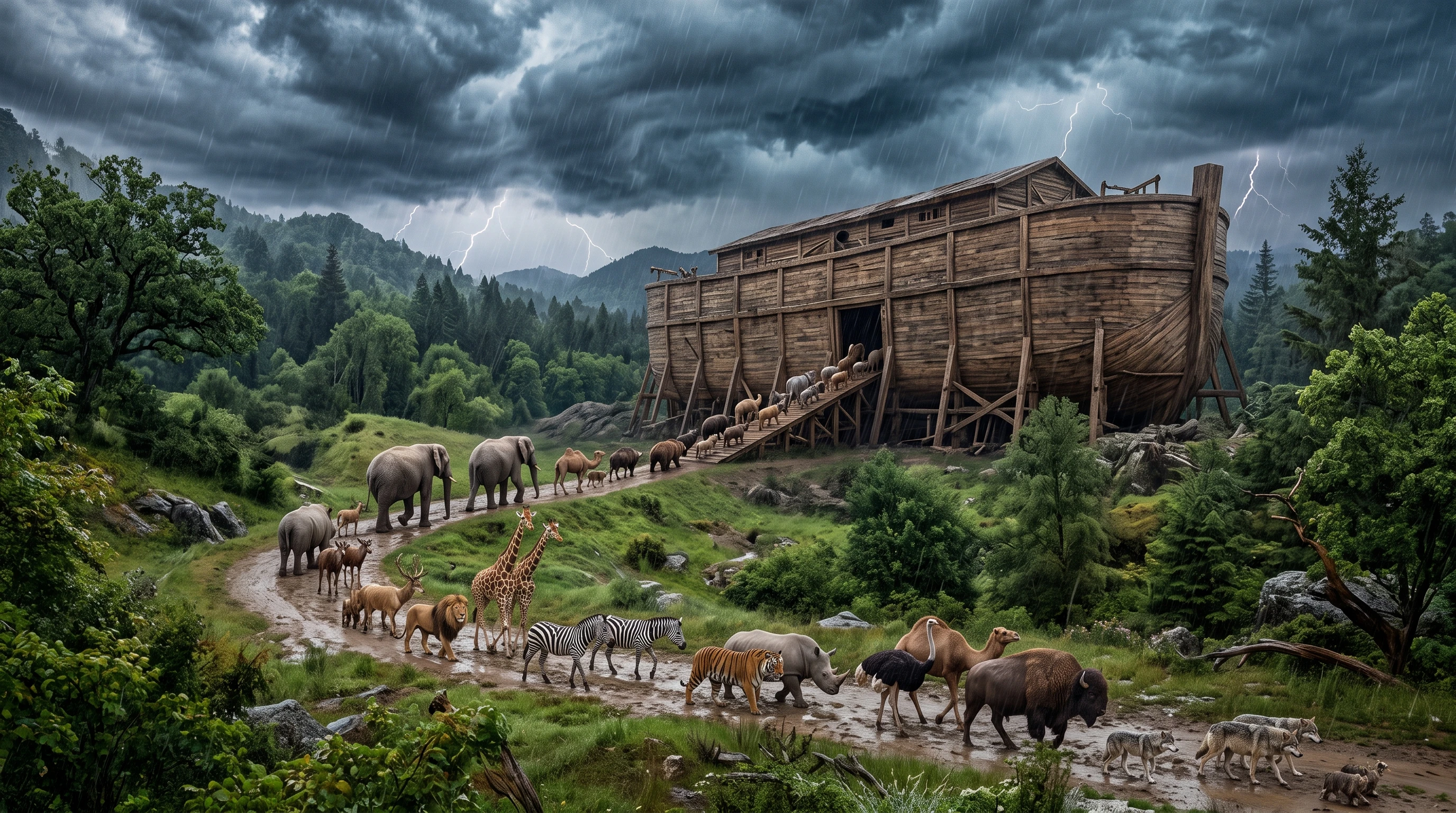 Animal pairs boarding Noah's Ark under a stormy sky