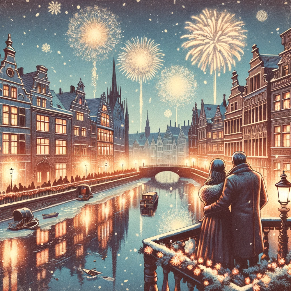 A 18th century  European city with a canal and a couple on a balcony watching fireworks 