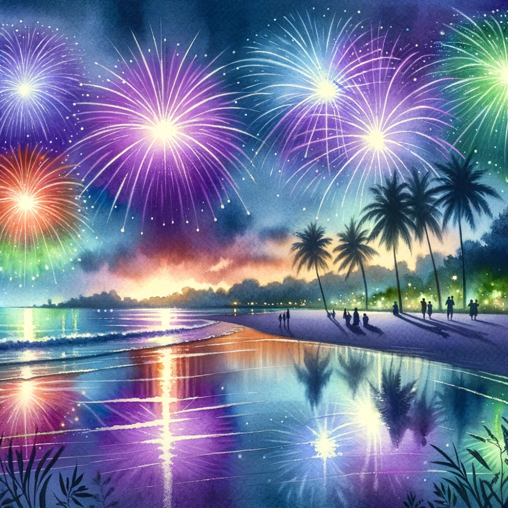 Fireworks on a tropical beach - pastel colours featuring purple and green