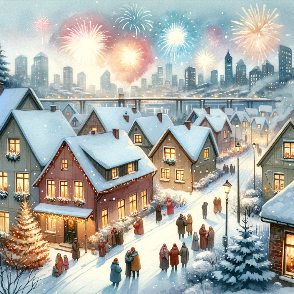 Snow covered houses, people outside and fireworks in the sky