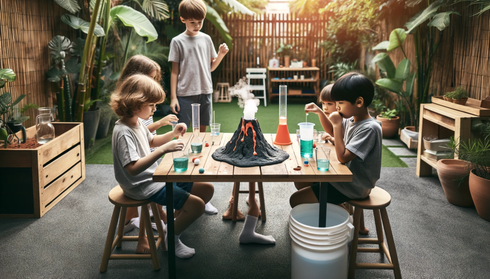 Children conducting a volcano science experiment in a backyard setting