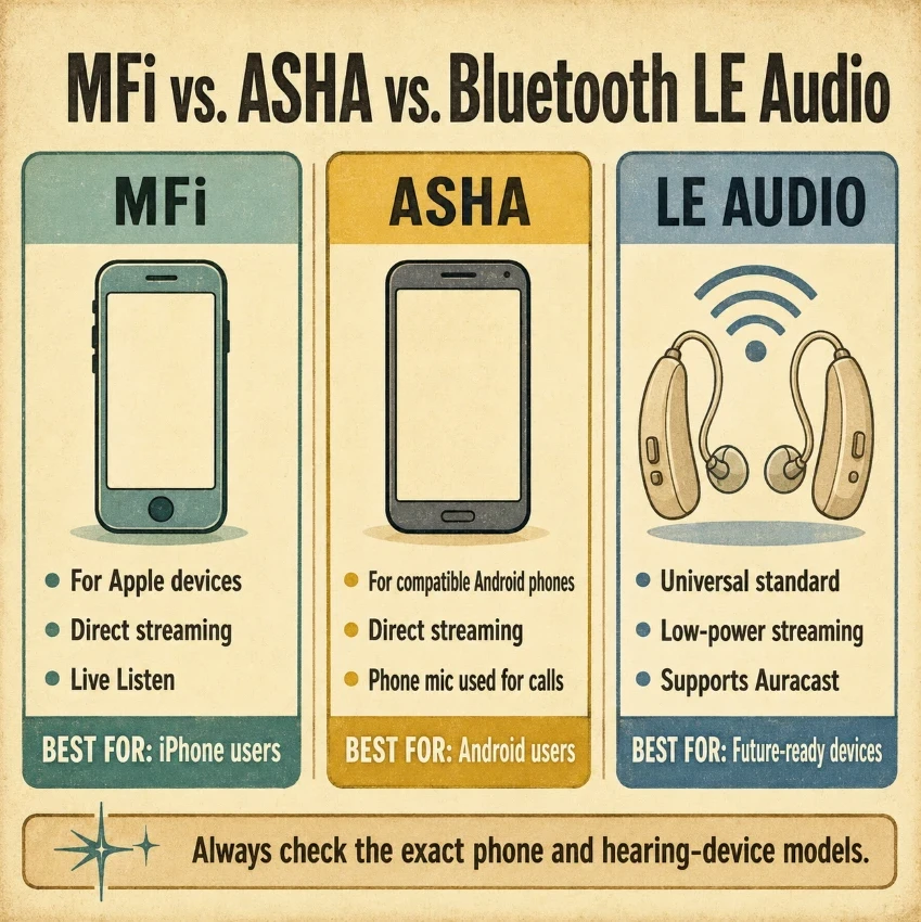 MFI vs ASHA vs Bluetooth LE Audio