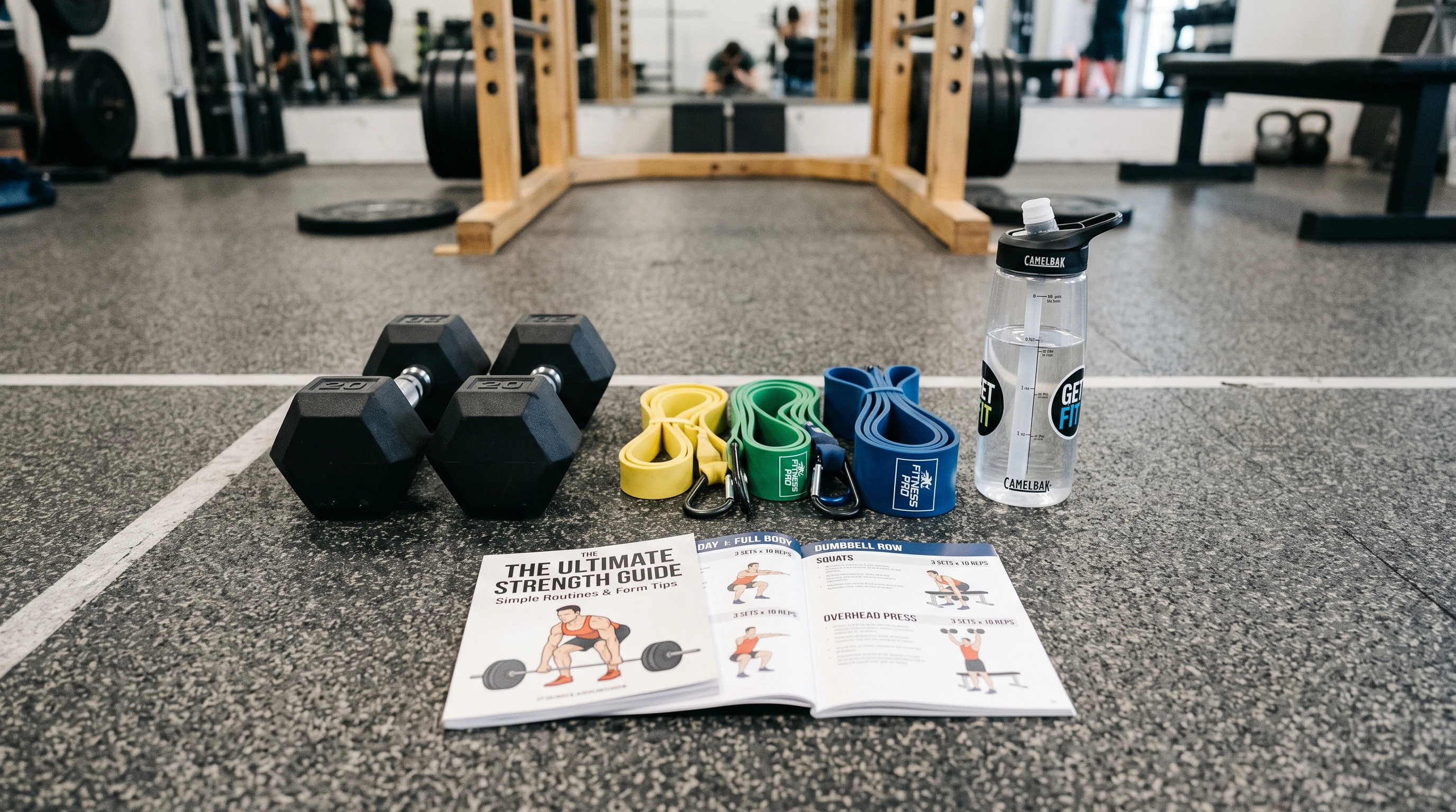 Dumbbells, resistance bands, and a water bottle on a gym floor beside a strength training guidebook