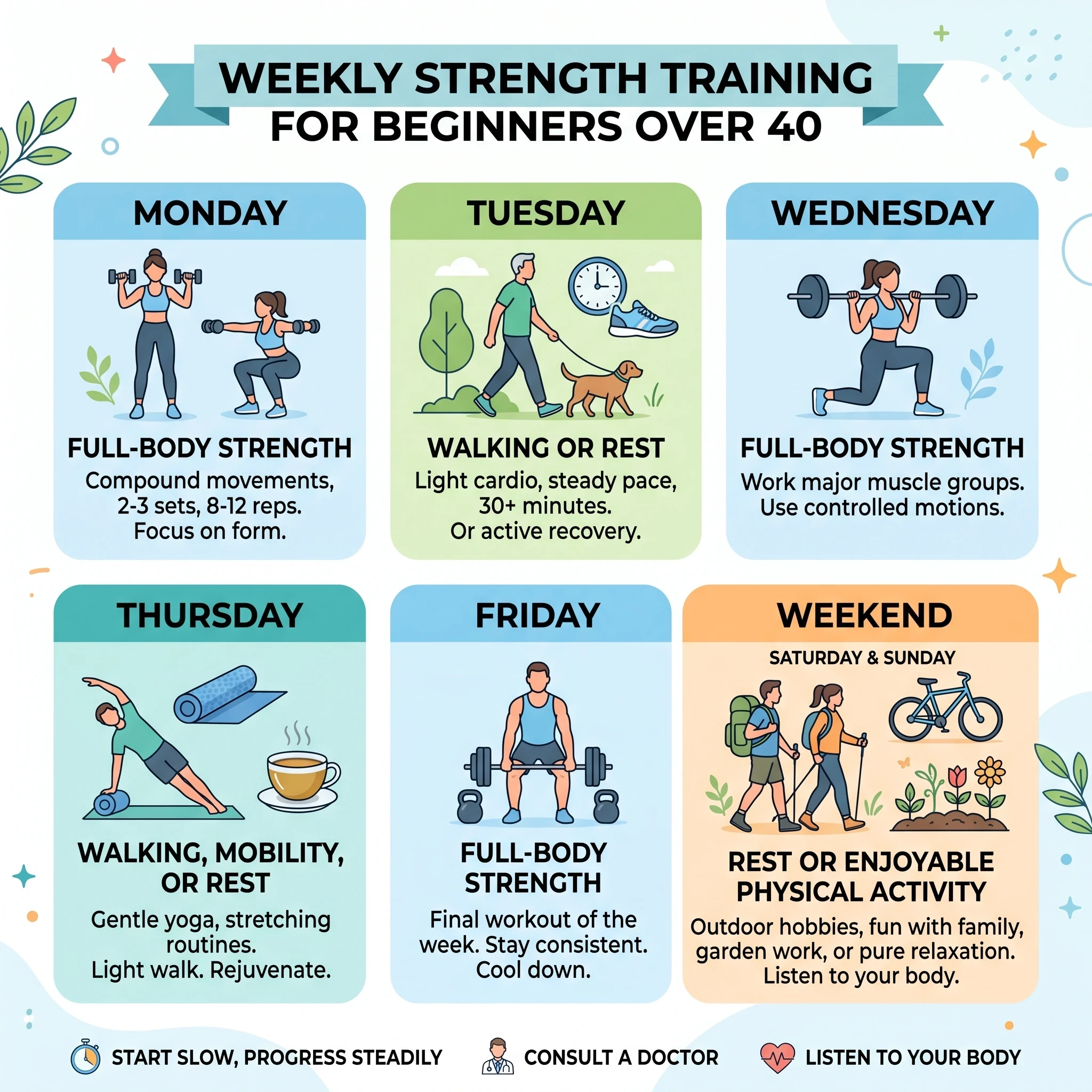 Weekly strength training schedule for beginners over 40