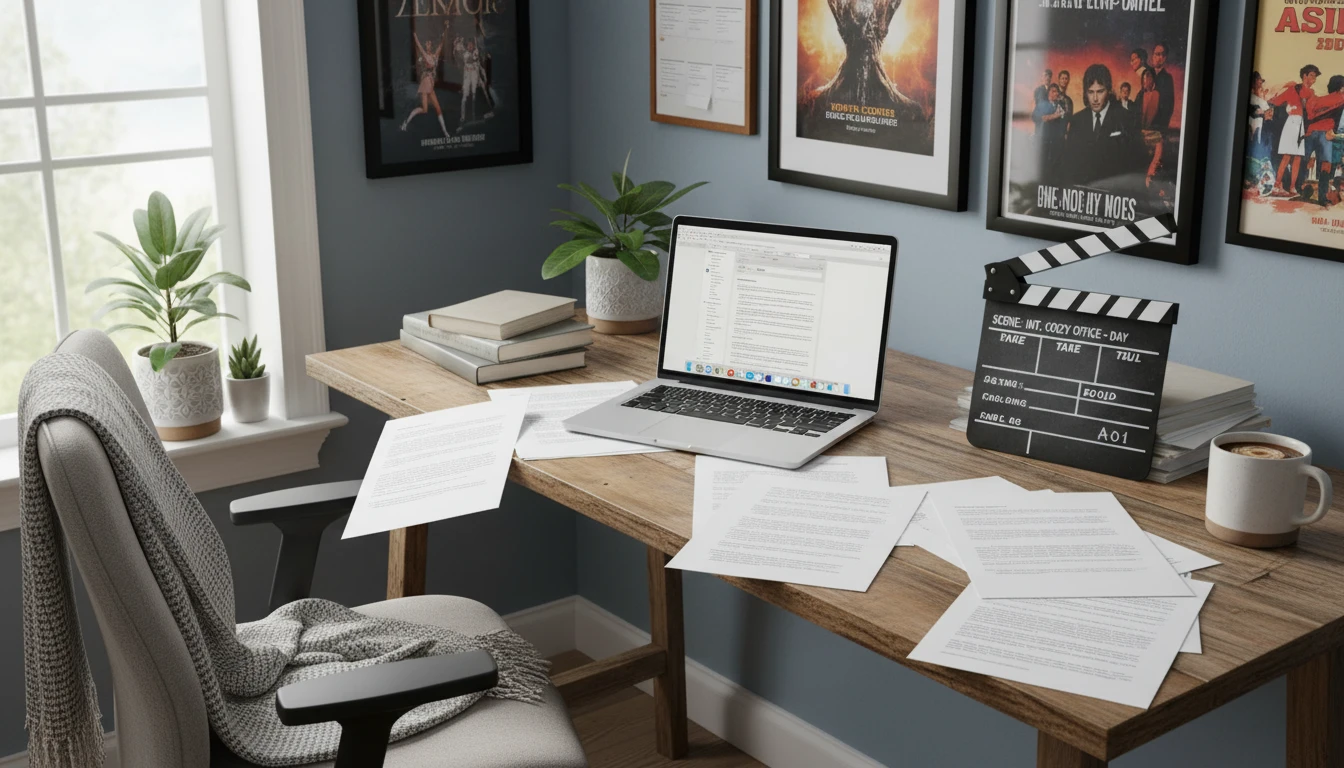 a desk with a laptop, screenplay notes, and coffee cup