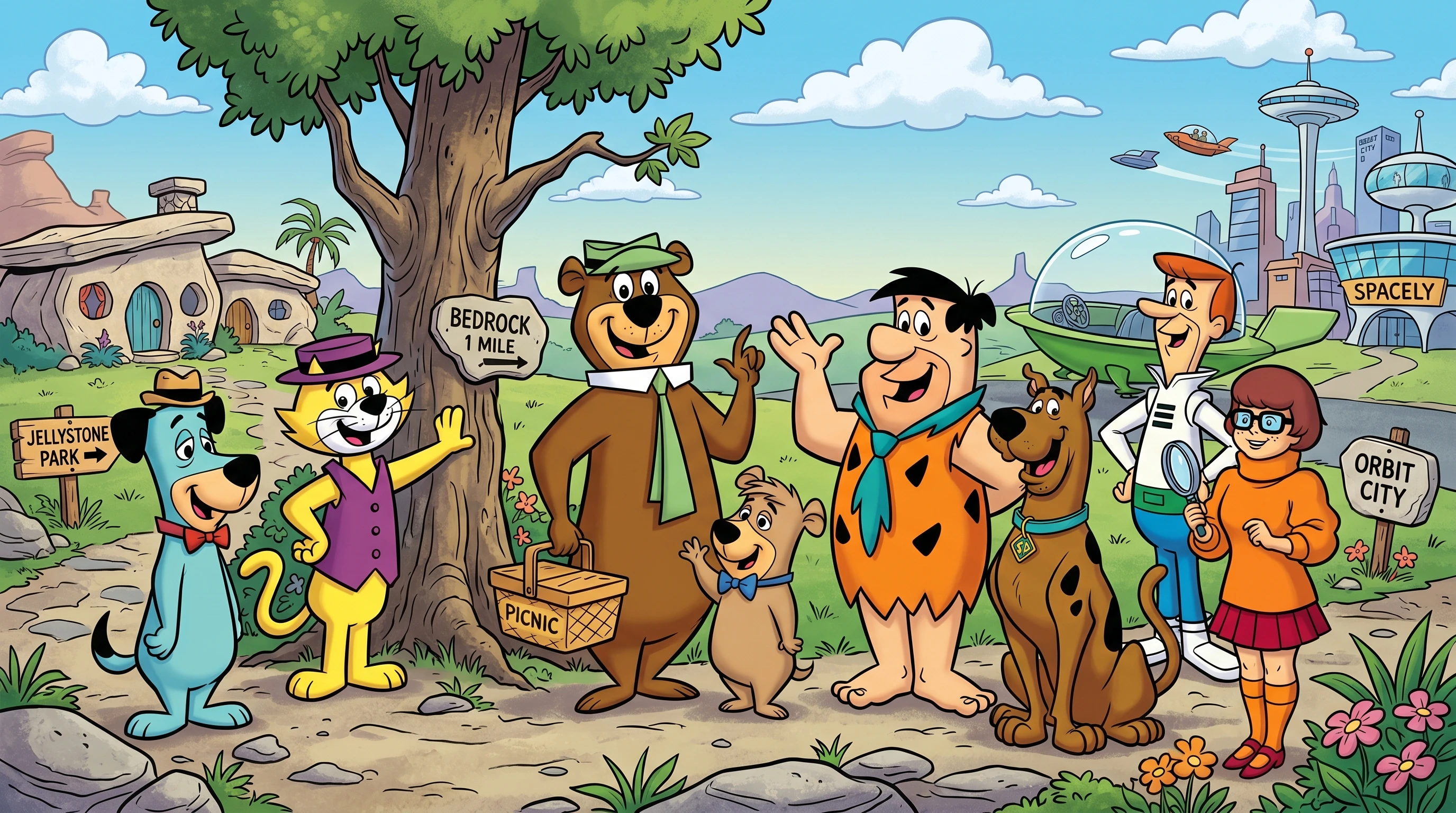 Collage of classic Hanna-Barbera characters in a bright, colorful cartoon style