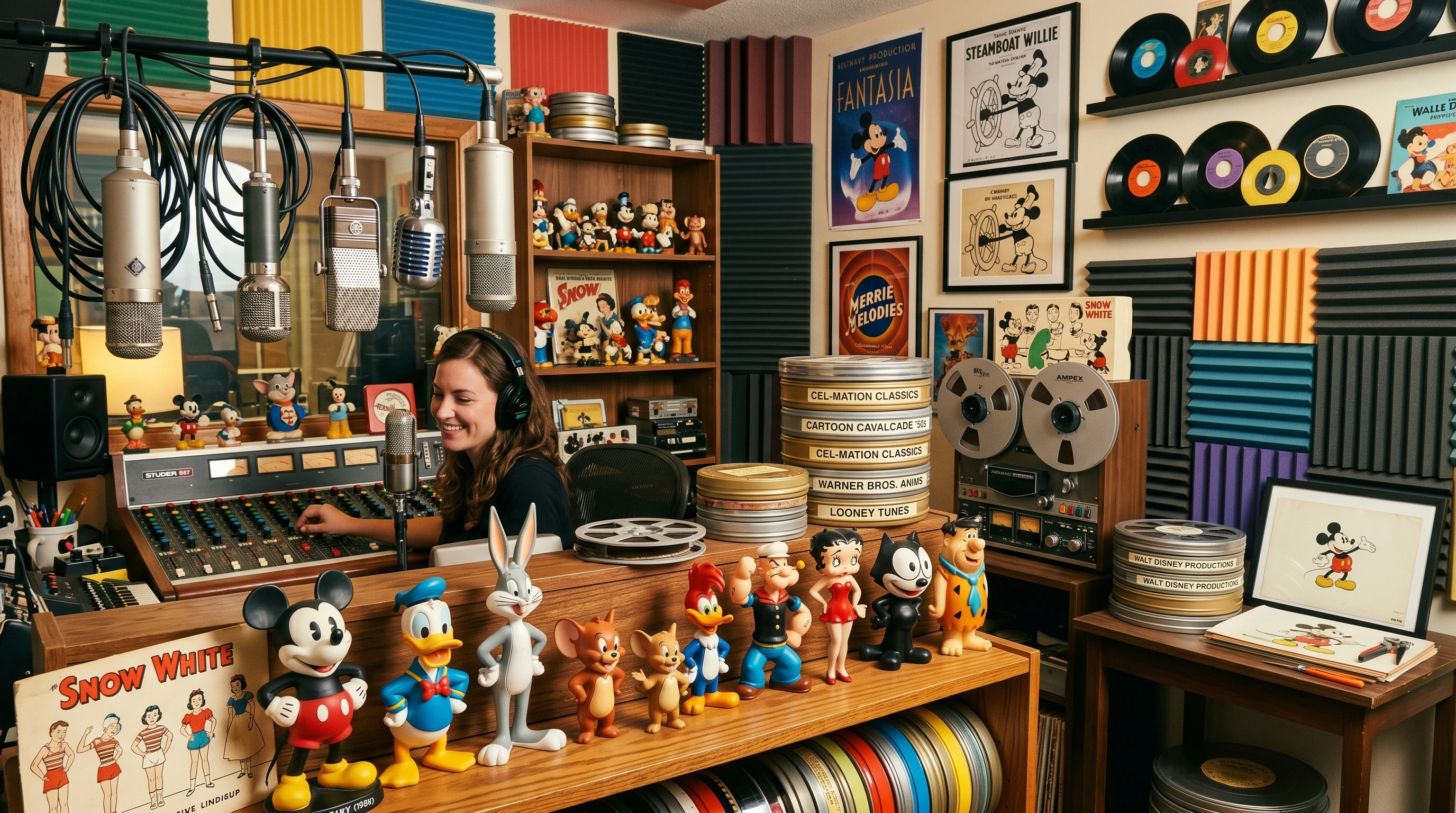 A vibrant studio soundboard and classic animation art cels