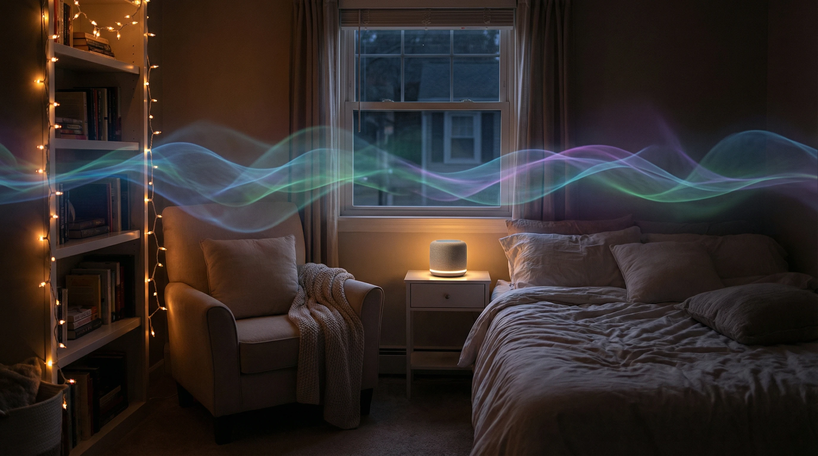 Soft ambient bedroom at night with peaceful music notes floating in air