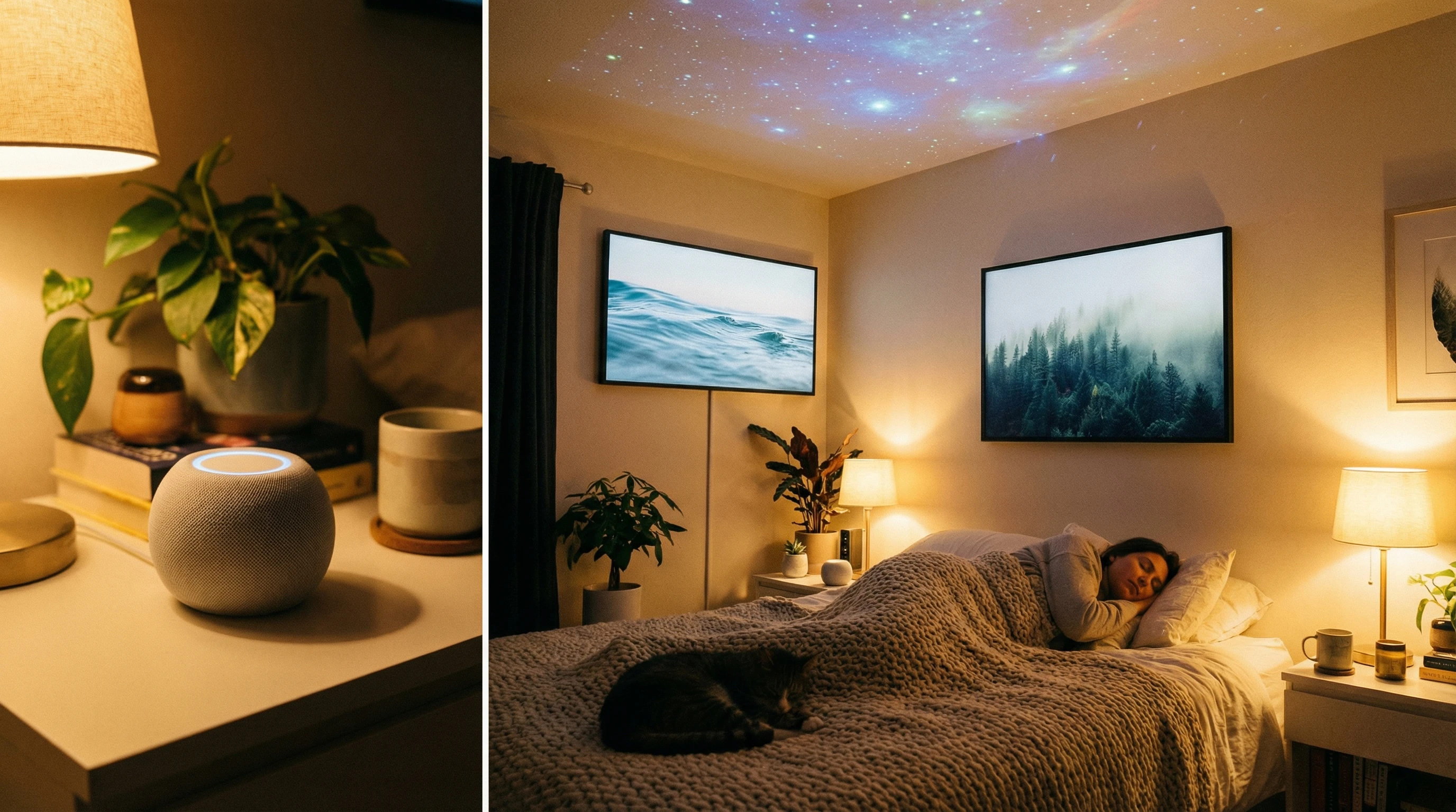 A cozy bedroom at night, softly lit, with a small speaker on a nightstand playing ambient sound. Nearby are gentle waves, forest visuals, and starry skies—conveying a calm, technology-assisted sleep environment.