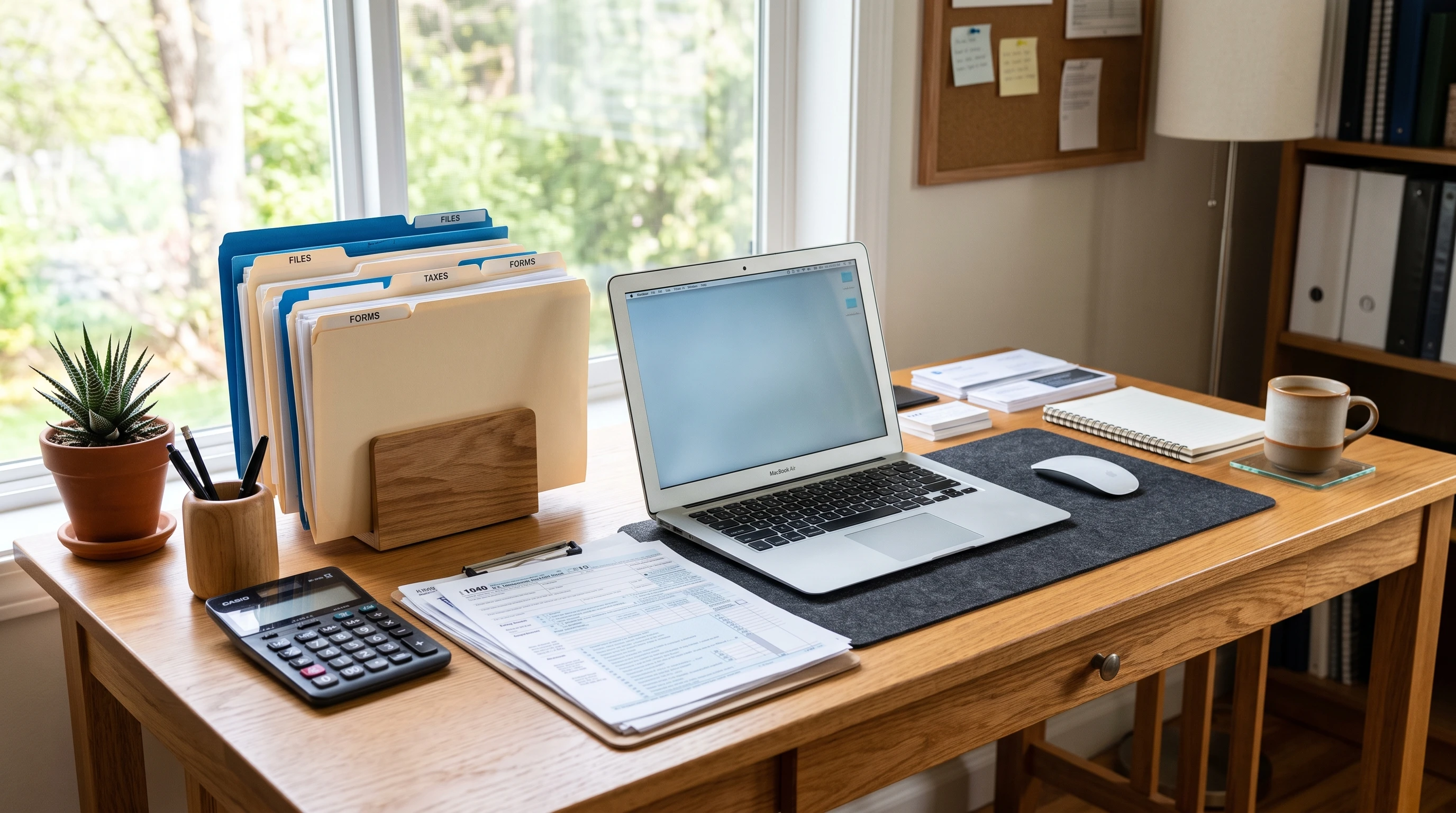 tax preparation paperwork, office desk with folders, calculator, and documents