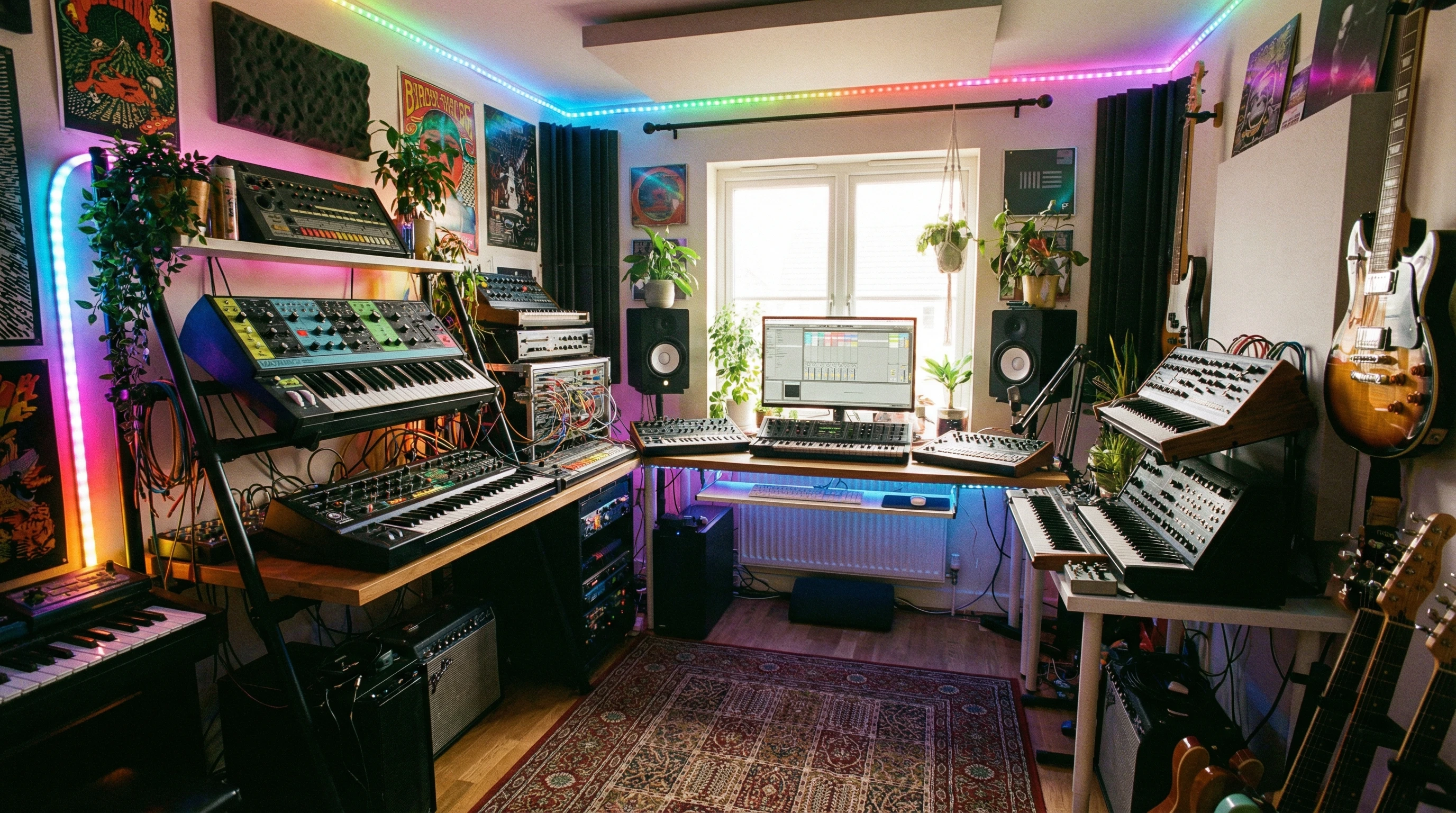 home music studio with various synths and DAW on screen