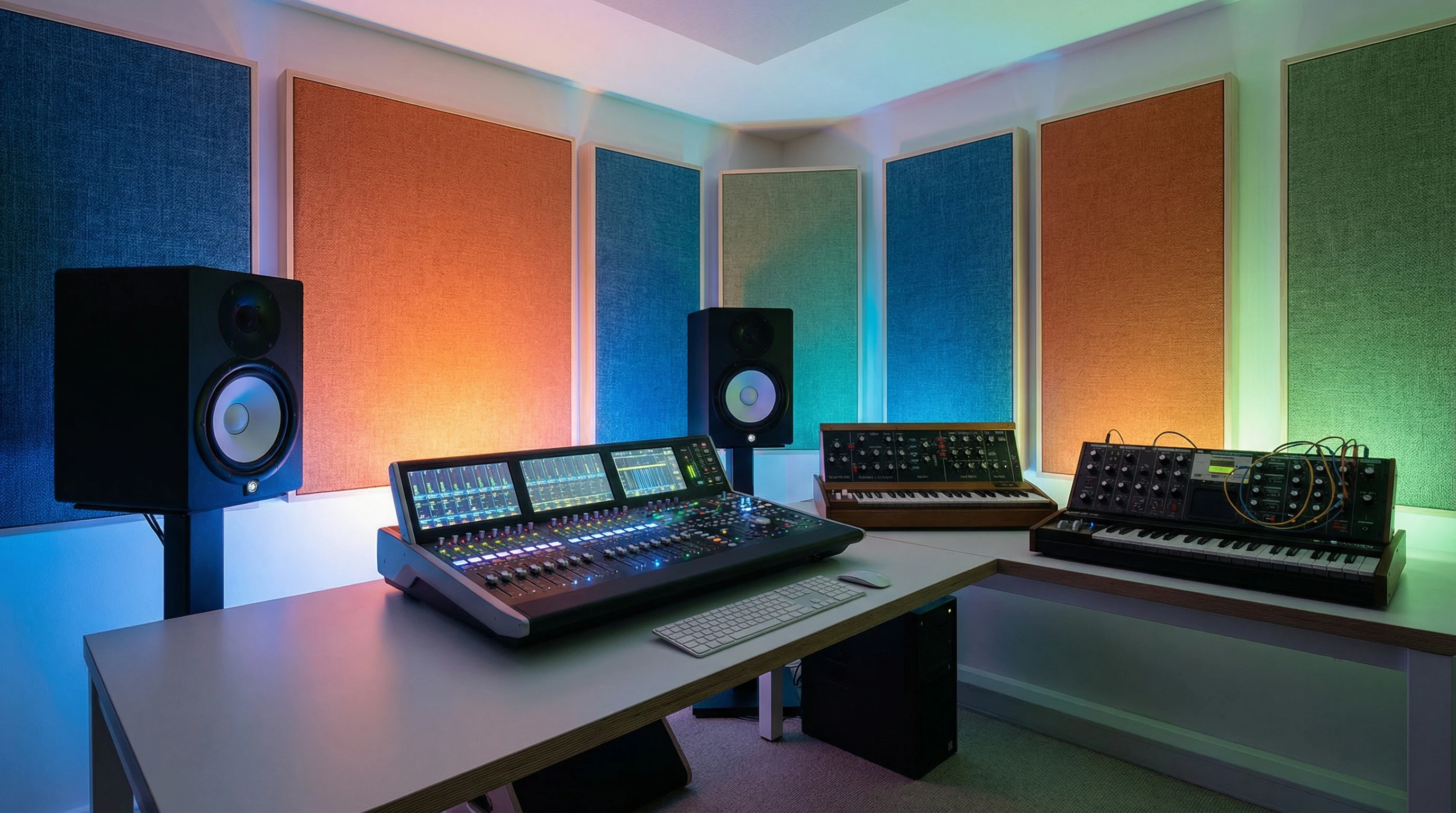 synthesizer and mixing desk in a cozy studio