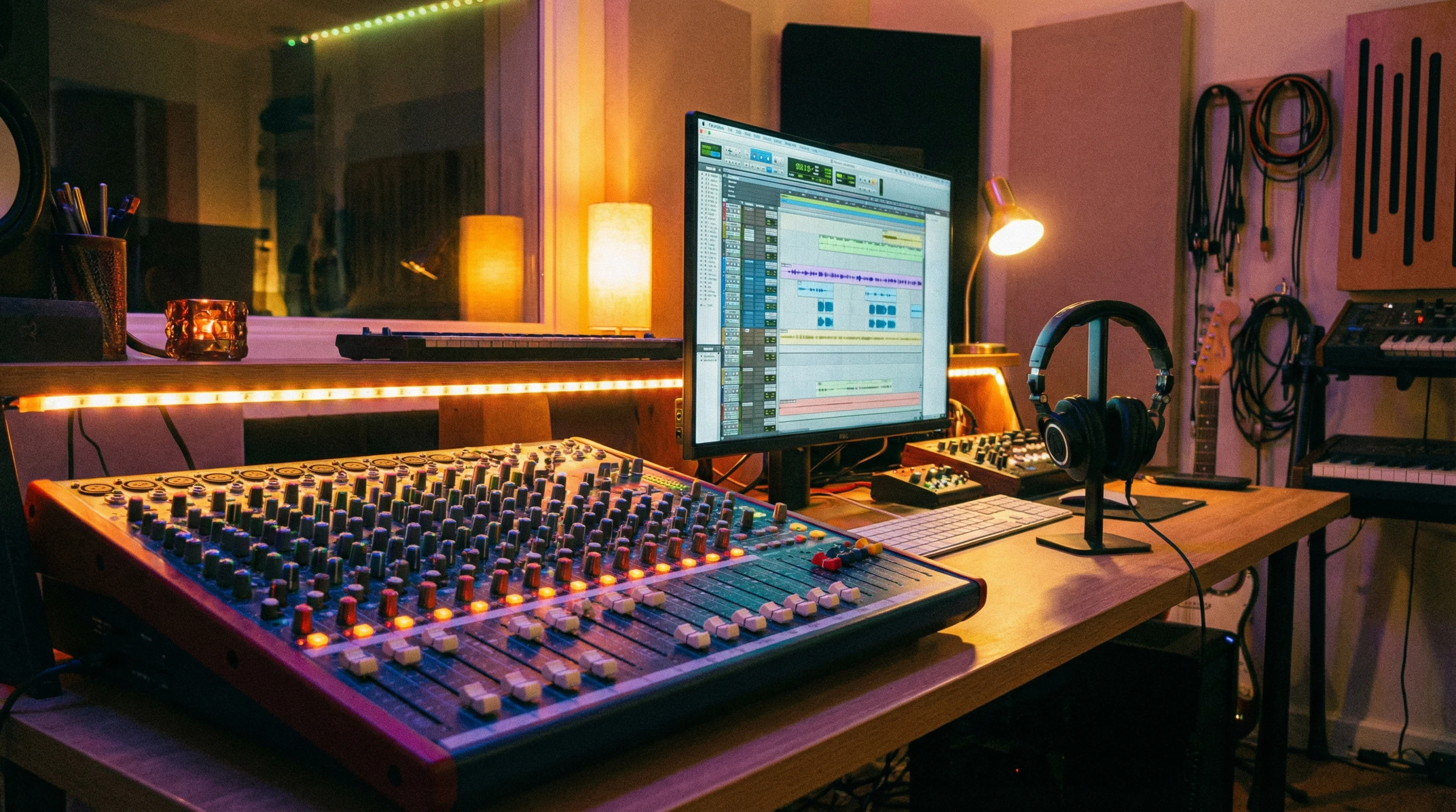 Home music mixing desk with colorful controls and headphones