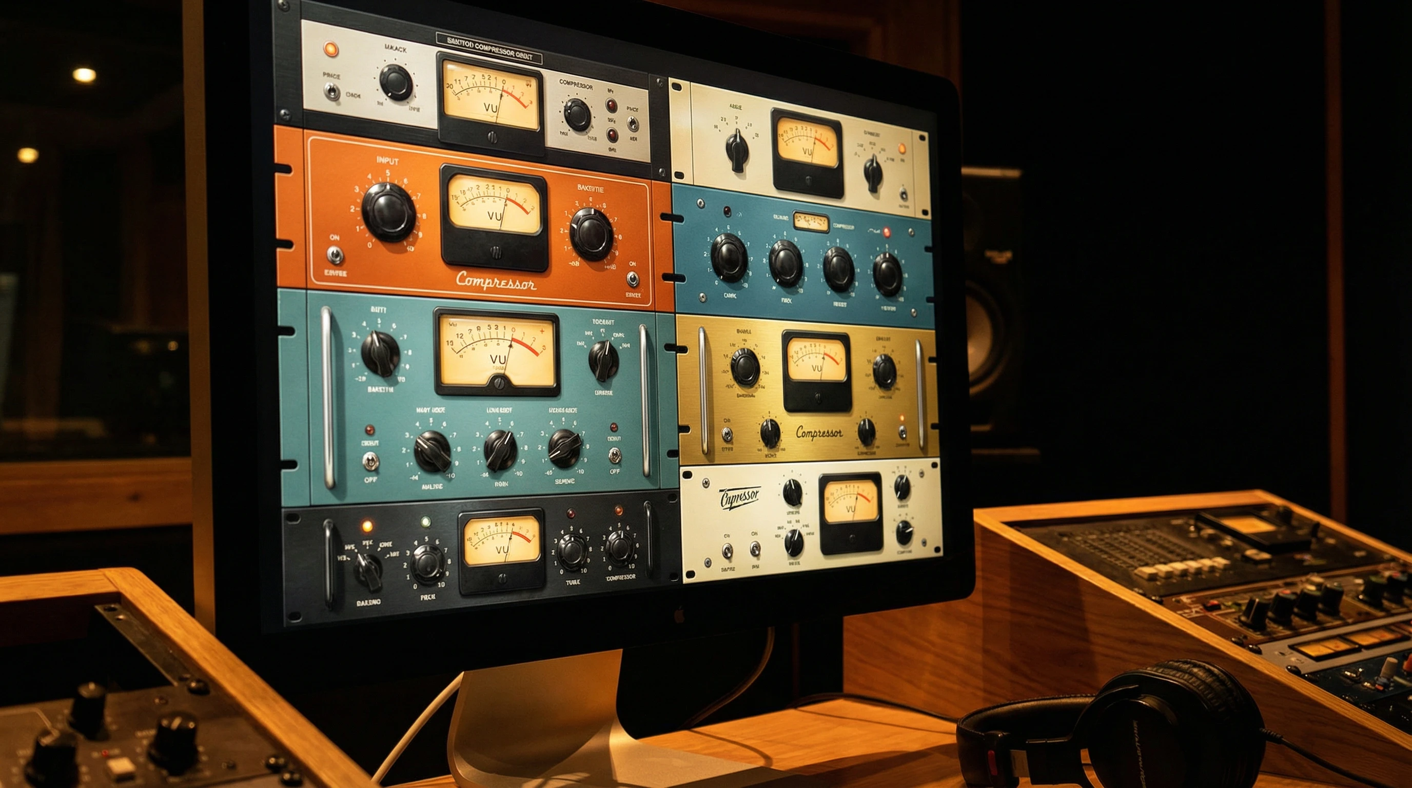 A set of colorful vintage audio compressor plugin interfaces displayed on a glowing digital screen with VU meters and retro knobs