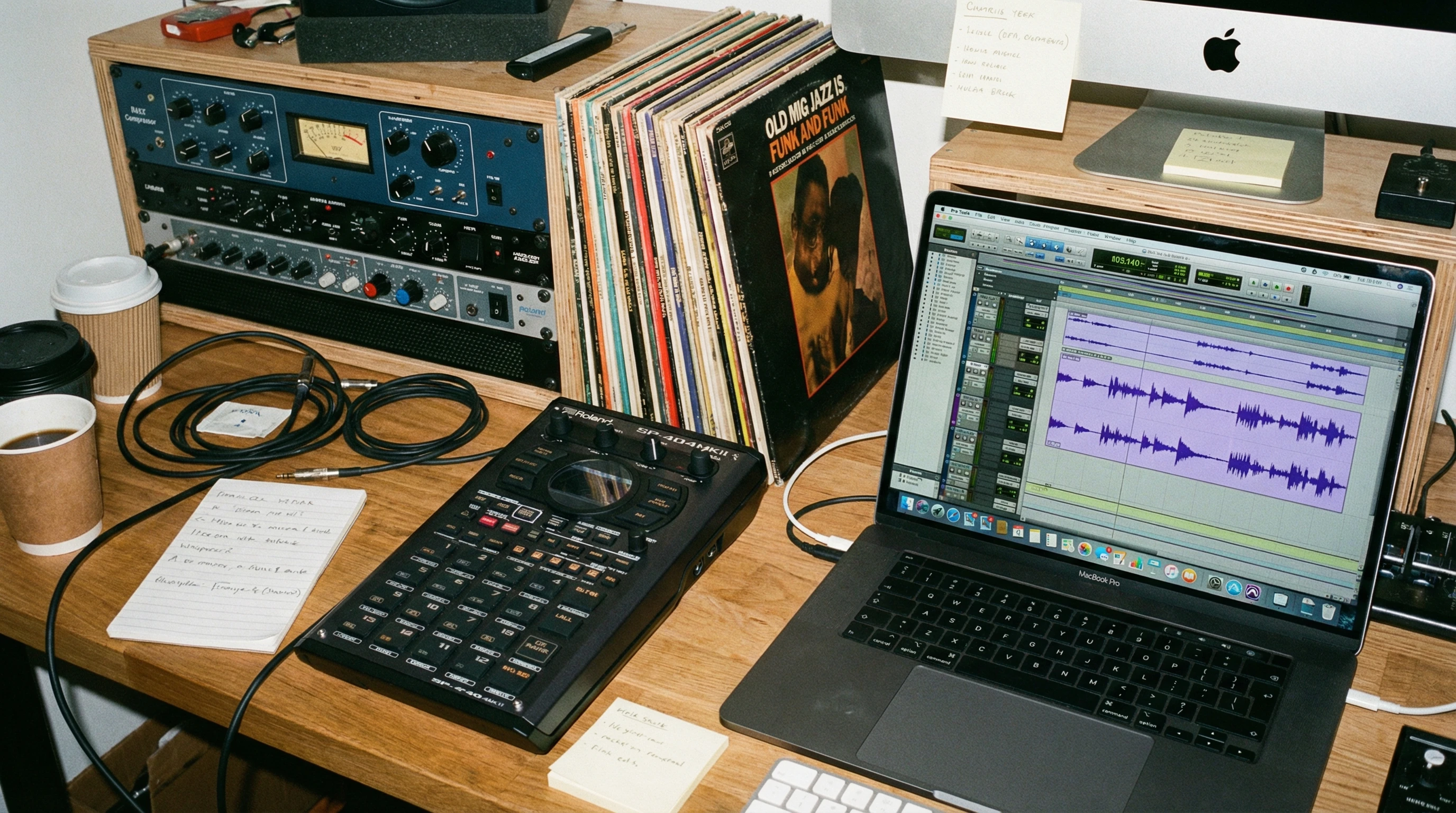 creative sampling in a music producer's studio with electronic gear, records, and waveforms on a computer screen