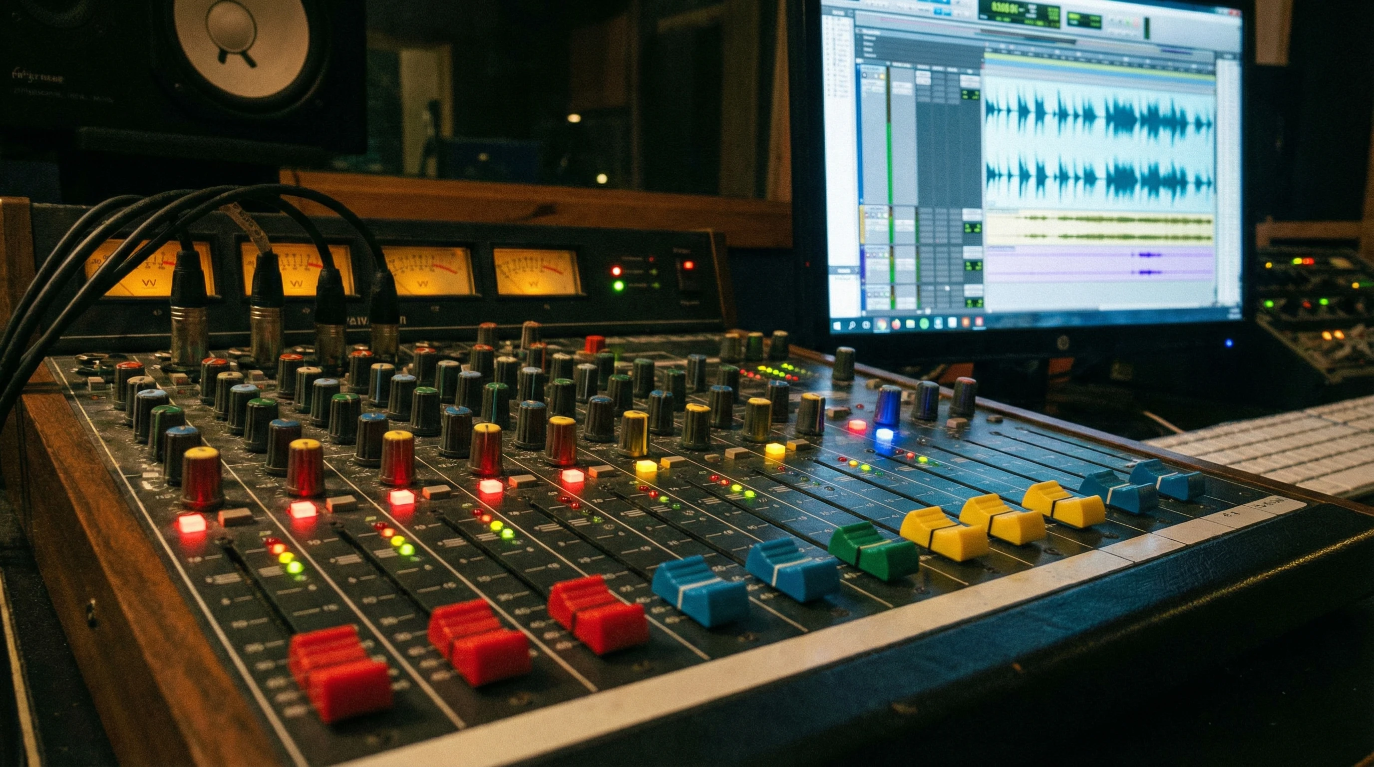 Close-up of a music mixing desk with colorful faders and audio signals on a screen