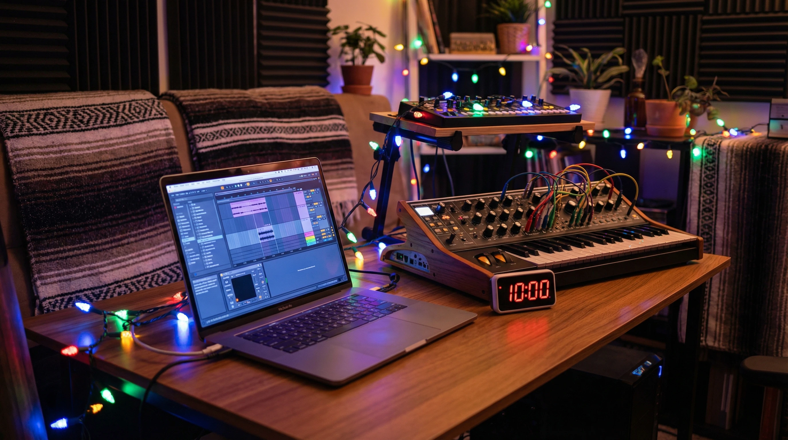 music producer working on a laptop in a cozy home studio with a timer and digital audio workstation on screen