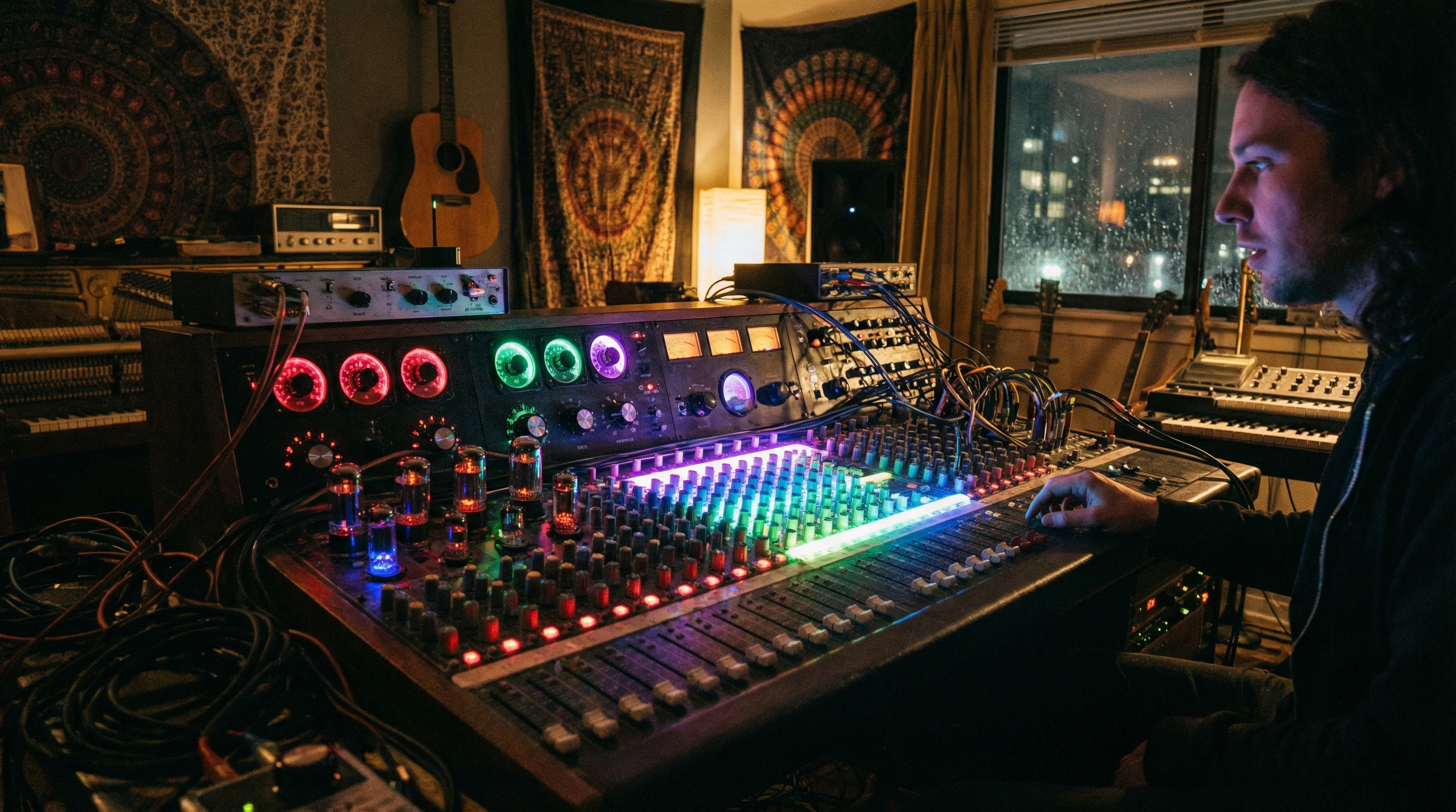 A glowing soundboard with colorful dials and glowing lights in a moody studio, capturing the mystique of discovering unique music production.