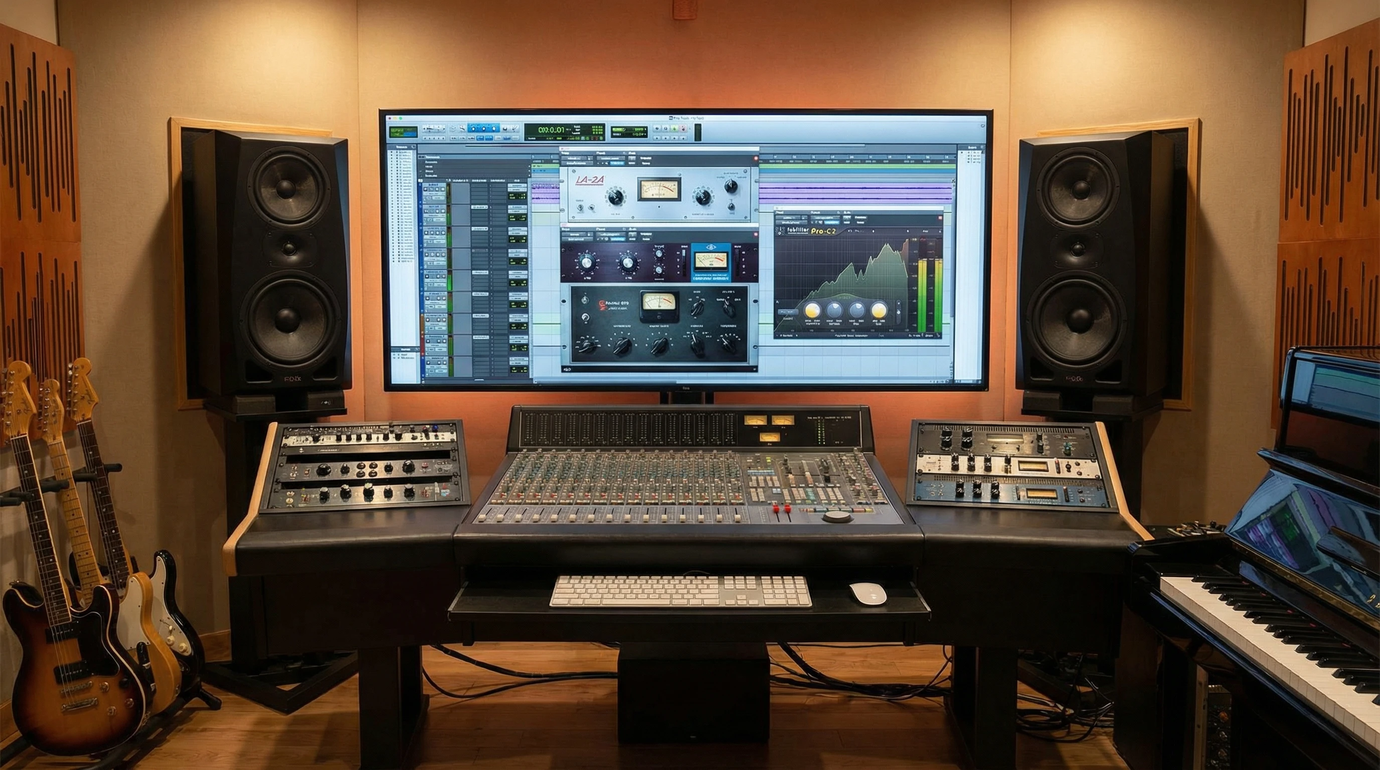 A laptop with a DAW screen and compressor plugin interfaces displayed