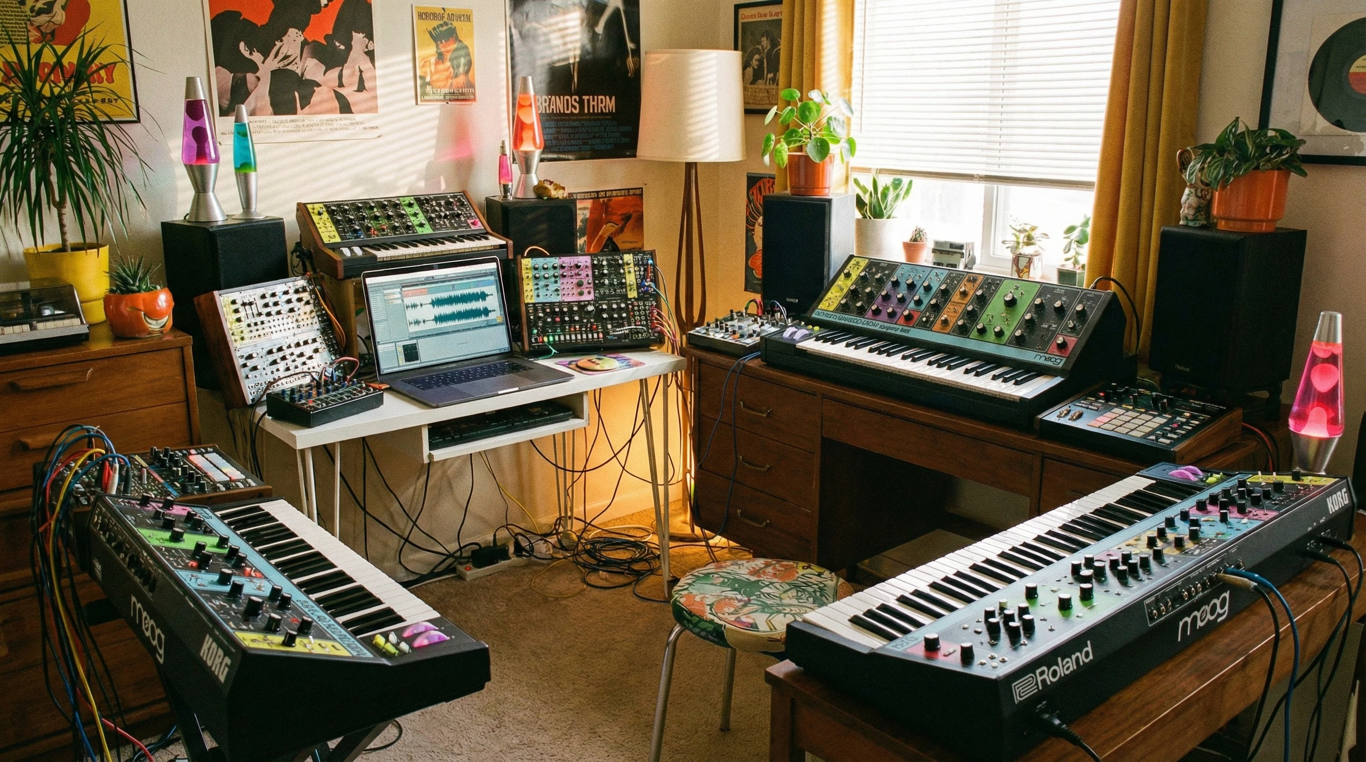 A sprawling desk setup with colorful MIDI controllers, headphones, and a digital audio workstation on a computer screen, surrounded by potted plants and soft, moody lighting.