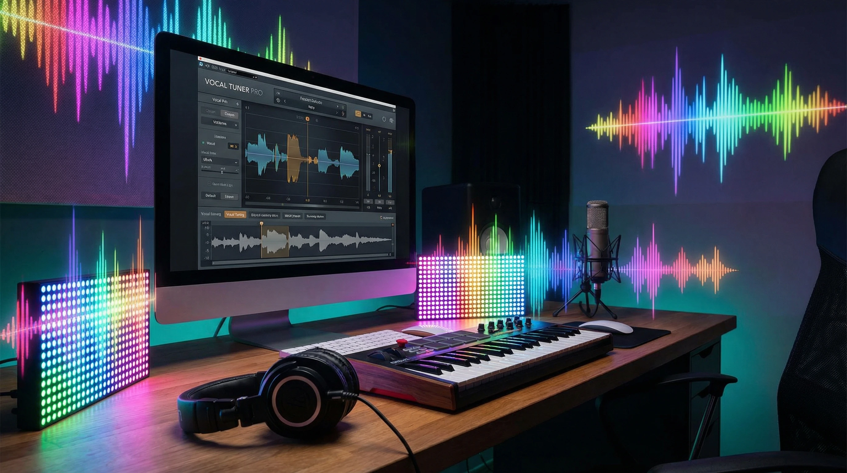 A modern digital music studio workspace with a computer screen showing a vocal tuning plugin, headphones, and colorful sound wave graphics
