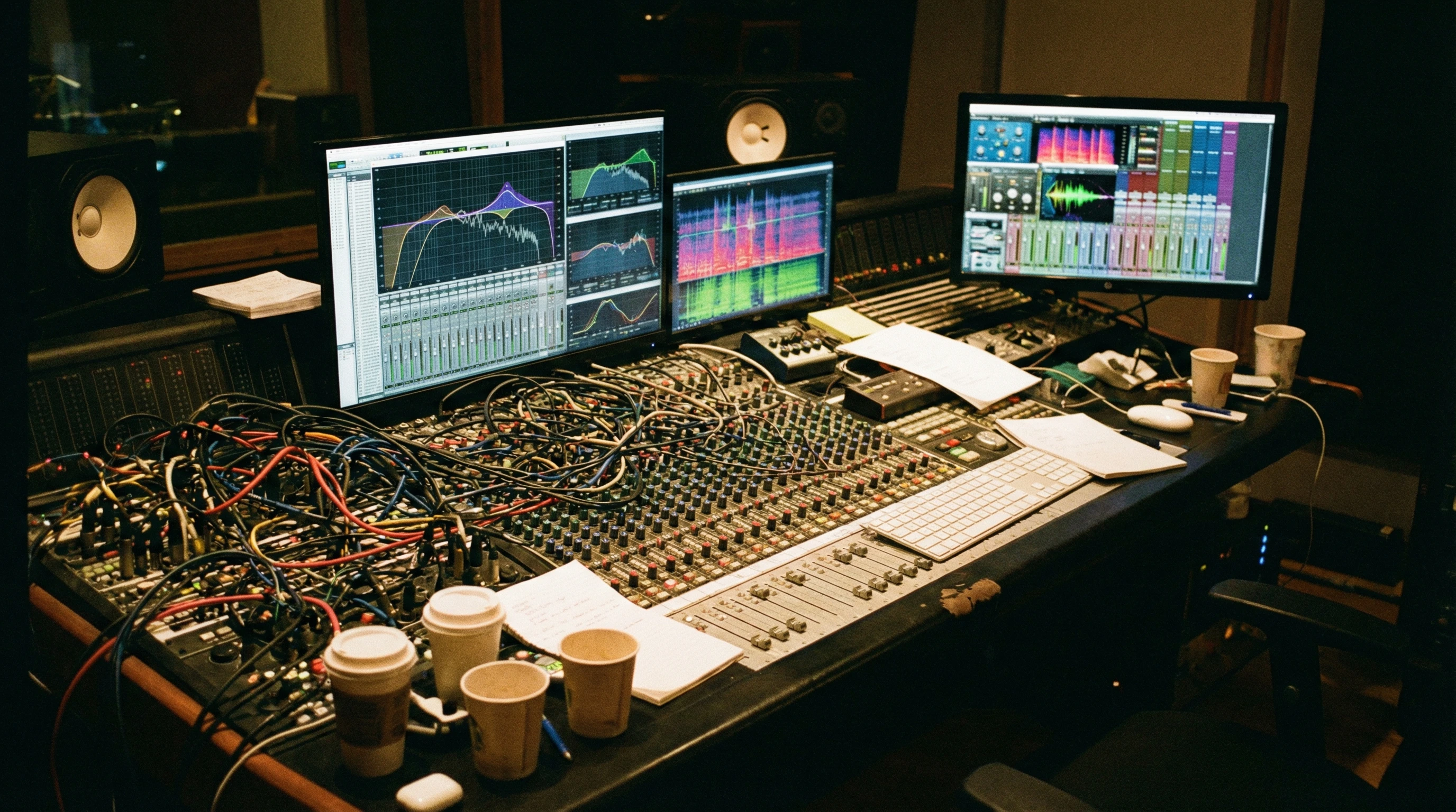 A messy digital audio workstation session with overlapping tracks and mismatched EQ curves.