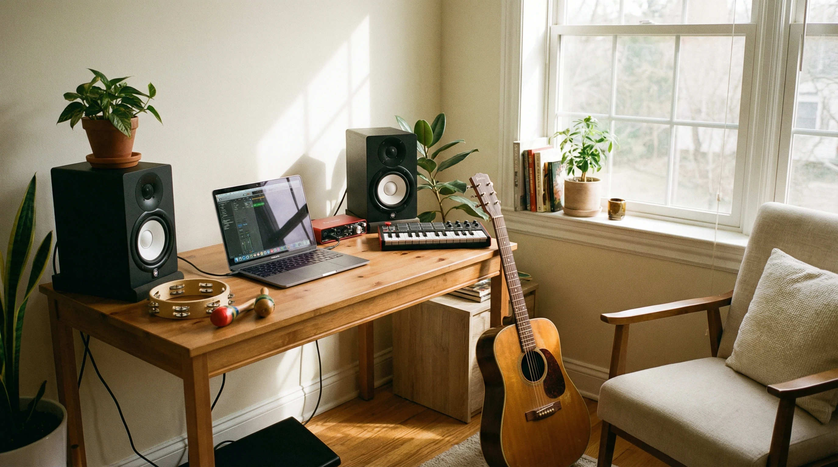 A small home studio with a laptop, speakers, and instruments in soft natural light